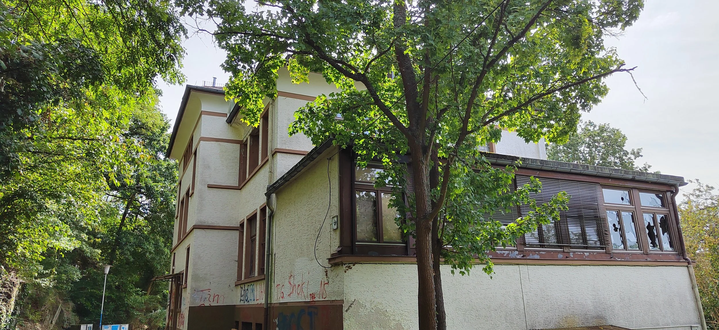 Ein mehrstöckiges Gebäude mit weißen und braunen Fassaden, umgeben von grünen Bäumen, eine Ecke mit Fenstern und Graffiti an der unteren Wand.