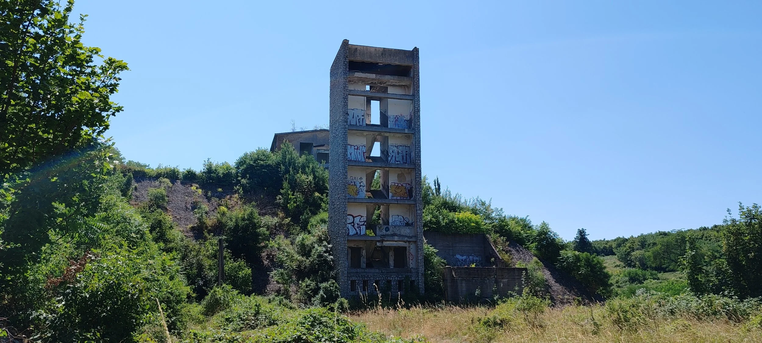 Verfallener, graffiti-beschmierter Wasserturm in einer bewaldeten Umgebung, unter klarem blauen Himmel.