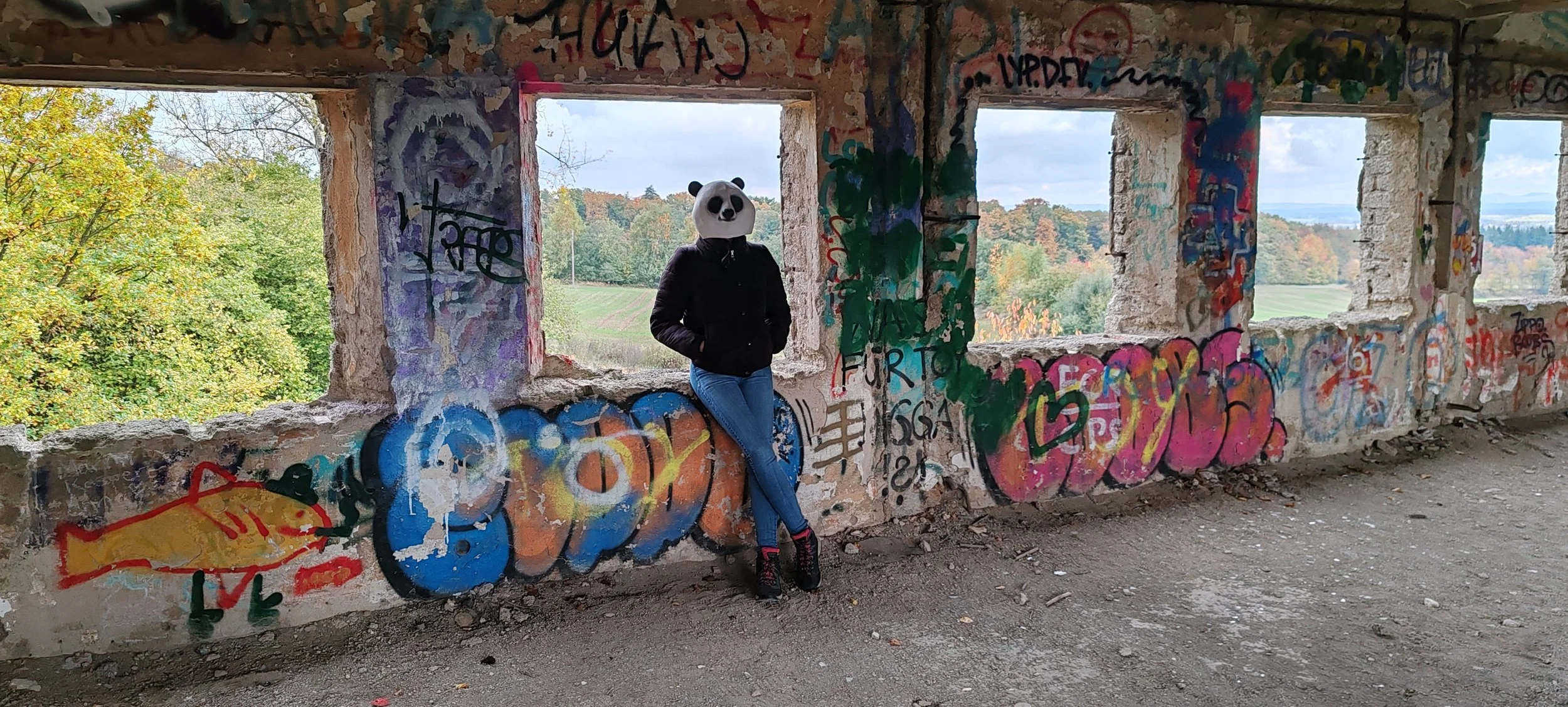 Person mit einer Panda-Maske steht in einer graffiti-besprühter, verfallener Fabrikhalle mit Blick auf eine herbstliche Landschaft.