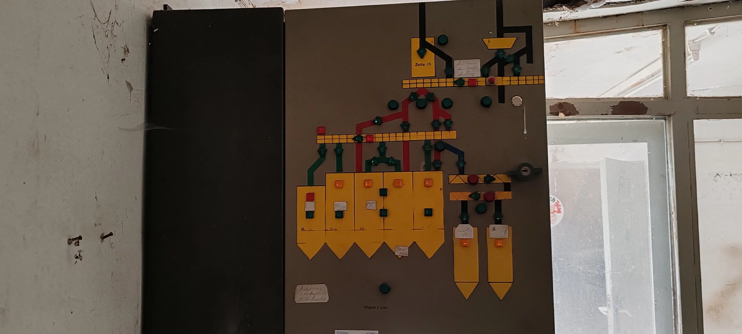 Ein großes Brett mit einem Visualisierungsdiagramm oder Flussdiagramm, bestehend aus bunten Steckplatten, Linien, Pfeilen und Etiketten, an einer Wand neben einem Fenster.