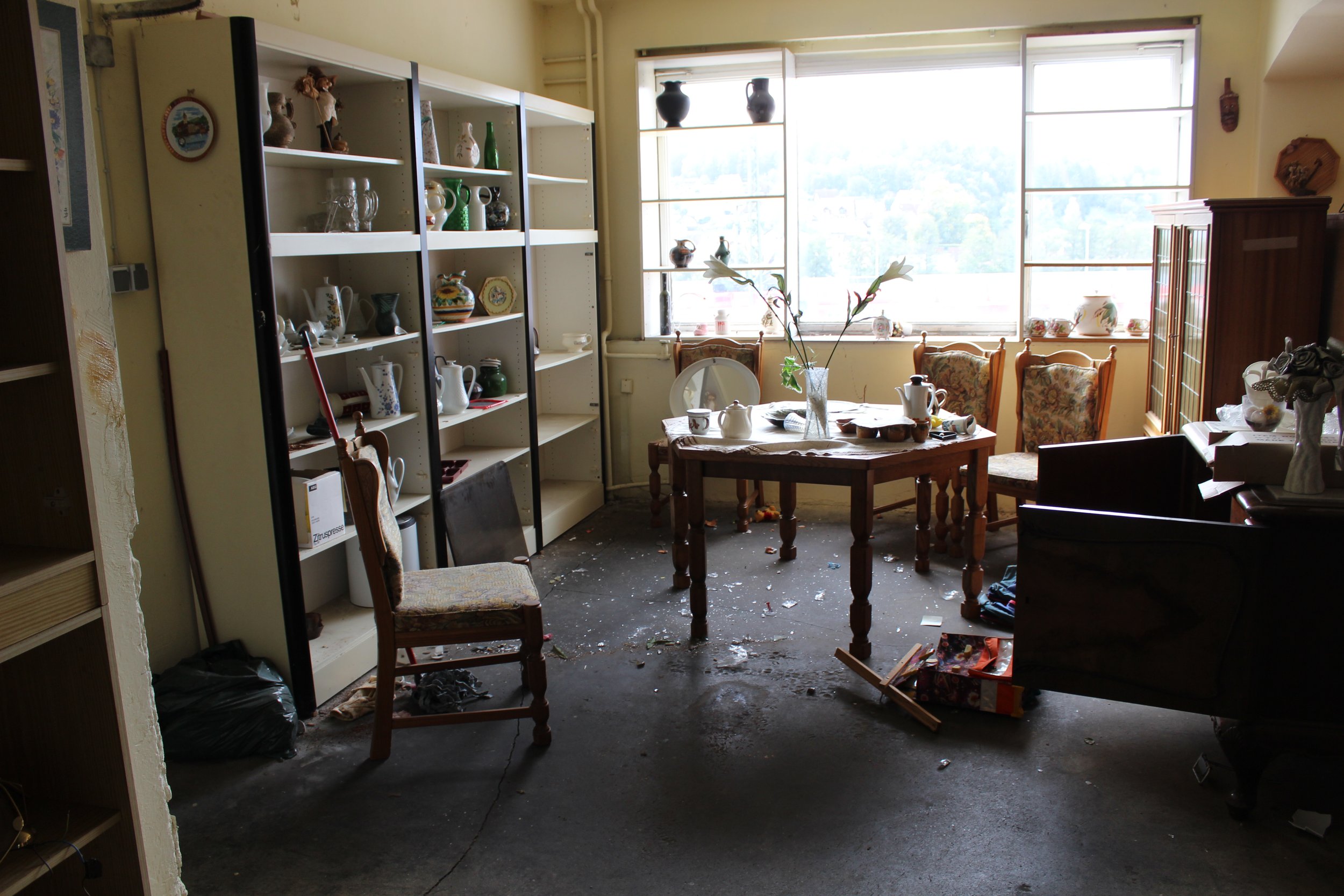 Ein unordentliches Wohnzimmer mit zerbrochenen Gegenständen auf dem Boden, einer leeren Regalwand, einem Tisch mit einer Vase und blühenden Pflanzen, mehrere Stühle und ein Schrank, durch das Fenster im Hintergrund sieht man eine Landschaft mit Hügel