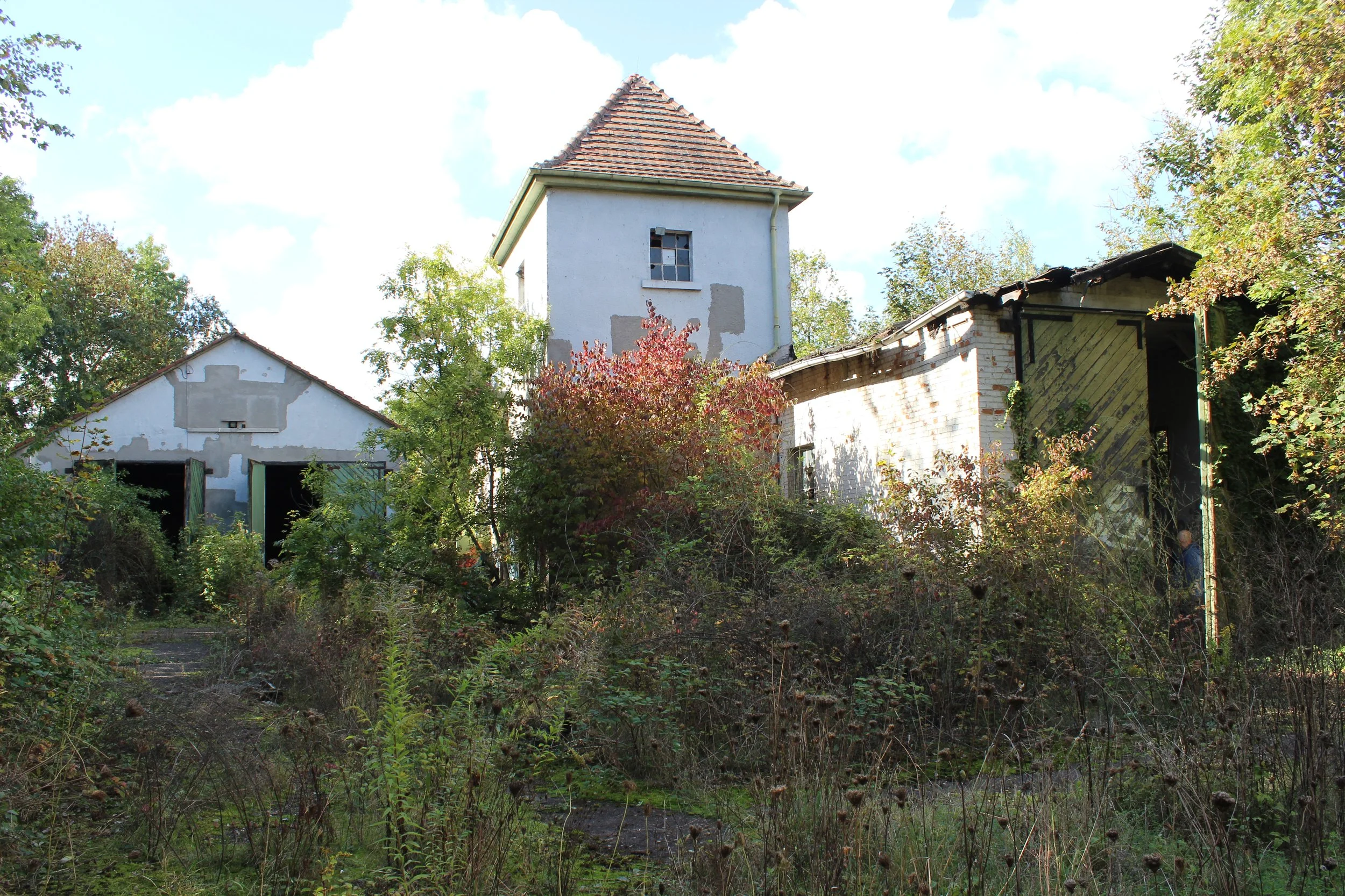 Verfallene Gebäude im Garten, von Büschen und Bäumen umgeben, mit einem hohen Turm in der Mitte, blauer Himmel mit Wolken im Hintergrund.