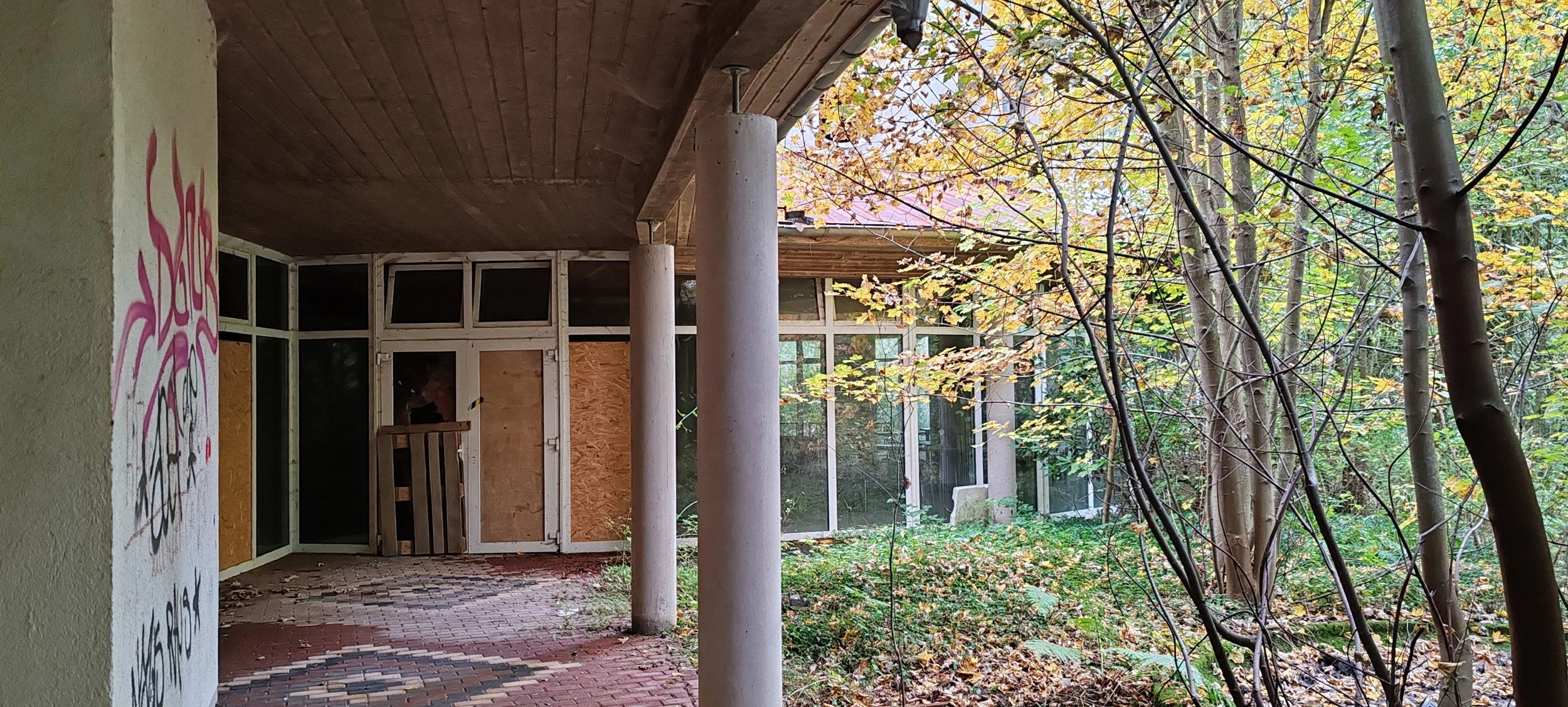 Ein verlassener, verwitterter Bereich mit Graffiti an der Wand, verwitterte Fenster und eine grasbewachsene, von Bäumen überwucherte Umgebung.