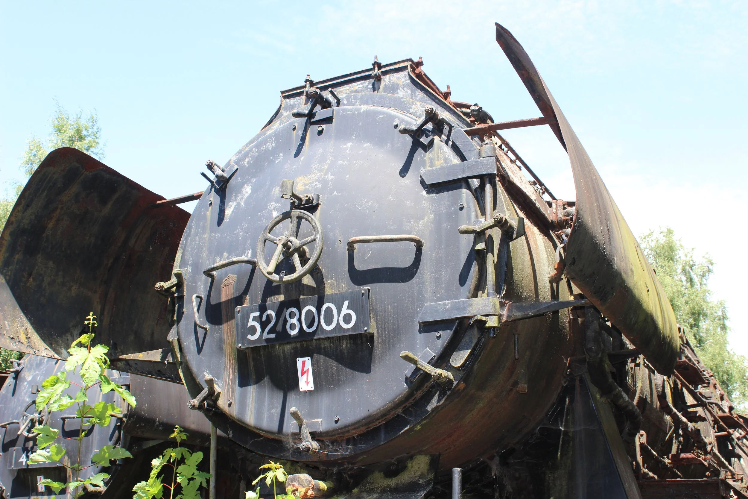 Alter, rostiger Dampflok-Kessel mit Nummer 52 80 06, draußen im Freien, umgeben von Grünpflanzen und Bäumen.