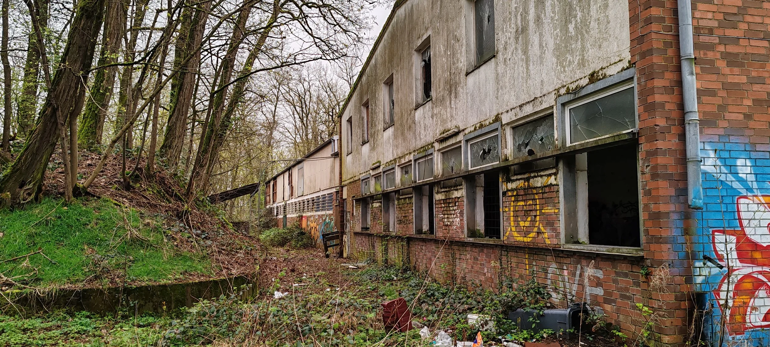 Verlassenes, verfallenes Gebäude mit zerbrochenen Fenstern und Graffiti, umgeben von einem bewaldeten Gebiet mit Bäumen und Unkraut.
