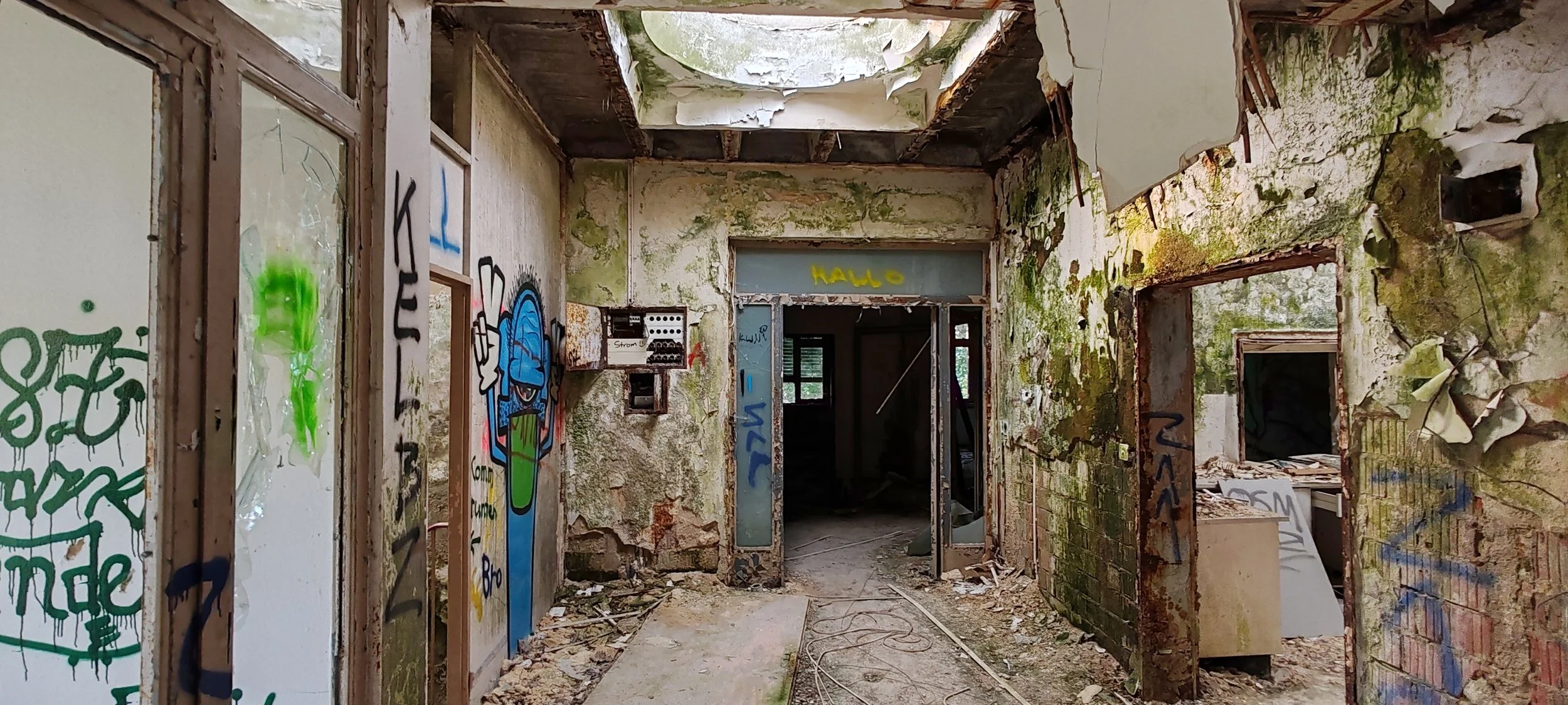 Verlassene und zerfallende Innenraum einer alten Gebäude mit Graffiti an den Wänden, zerbrochenen Fenstern, und einer überwucherten Decke mit Löchern.