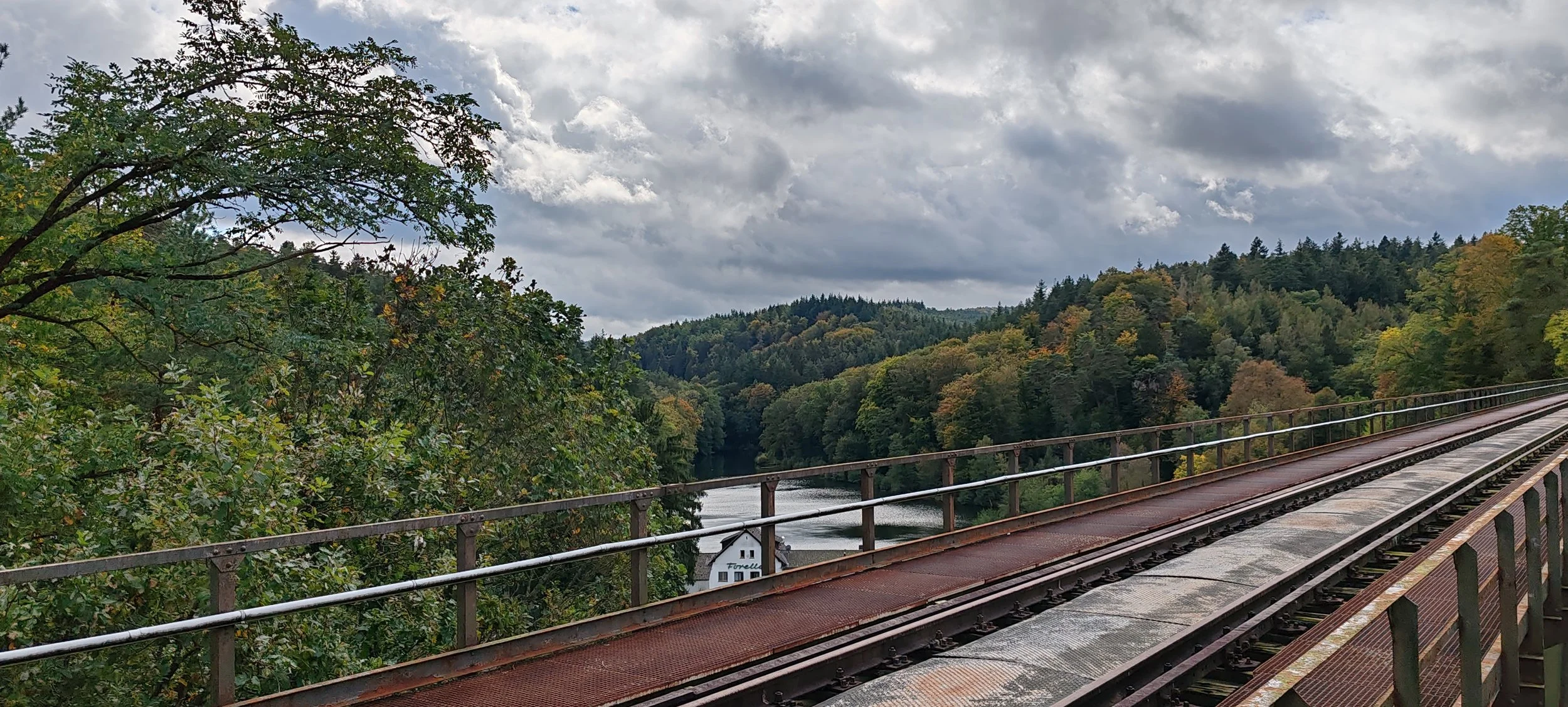 Bahnbrücke über einen Fluss, umgeben von Hügeln mit dichtem grünen Laubwald, bewölkter Himmel.