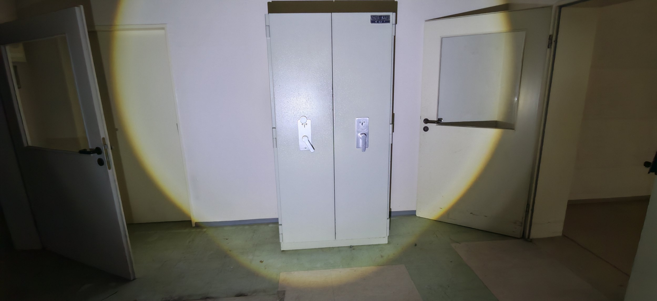 Ein Flur mit drei Türen, wobei die zentrale Tür eine Metallschrank-ähnliche Tür mit zwei Schlüsselschlössern ist. Die Türen sind teilweise geöffnet, und die Szene ist schwach beleuchtet, mit einem Lichtstrahl, der die linke Tür beleuchtet.