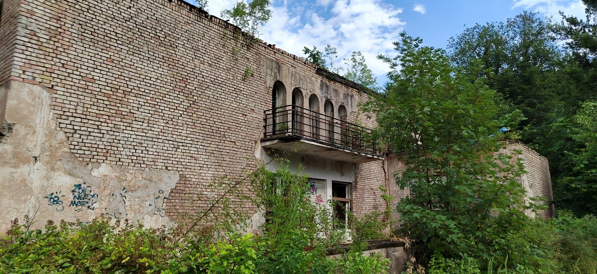 Verfallenes altes Gebäude mit bröckelnder Fassade, Graffiti an der Wand, umwachsen von Büschen und Bäumen, im Hintergrund blauer Himmel mit Wolken.
