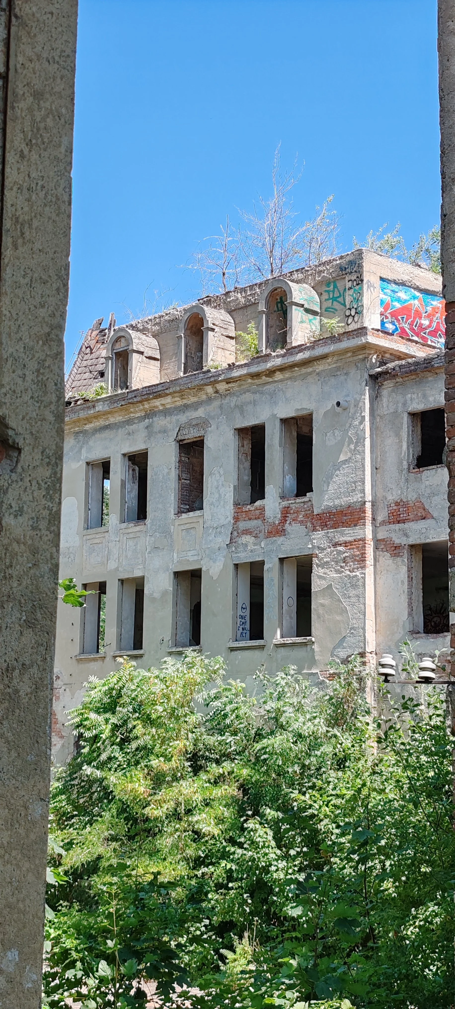 Verlassenes, zerfallenes Gebäude mit fensterlosen Wänden, teilweise mit Graffiti bemalt, umgeben von grünen Büschen, mit blauem Himmel im Hintergrund.