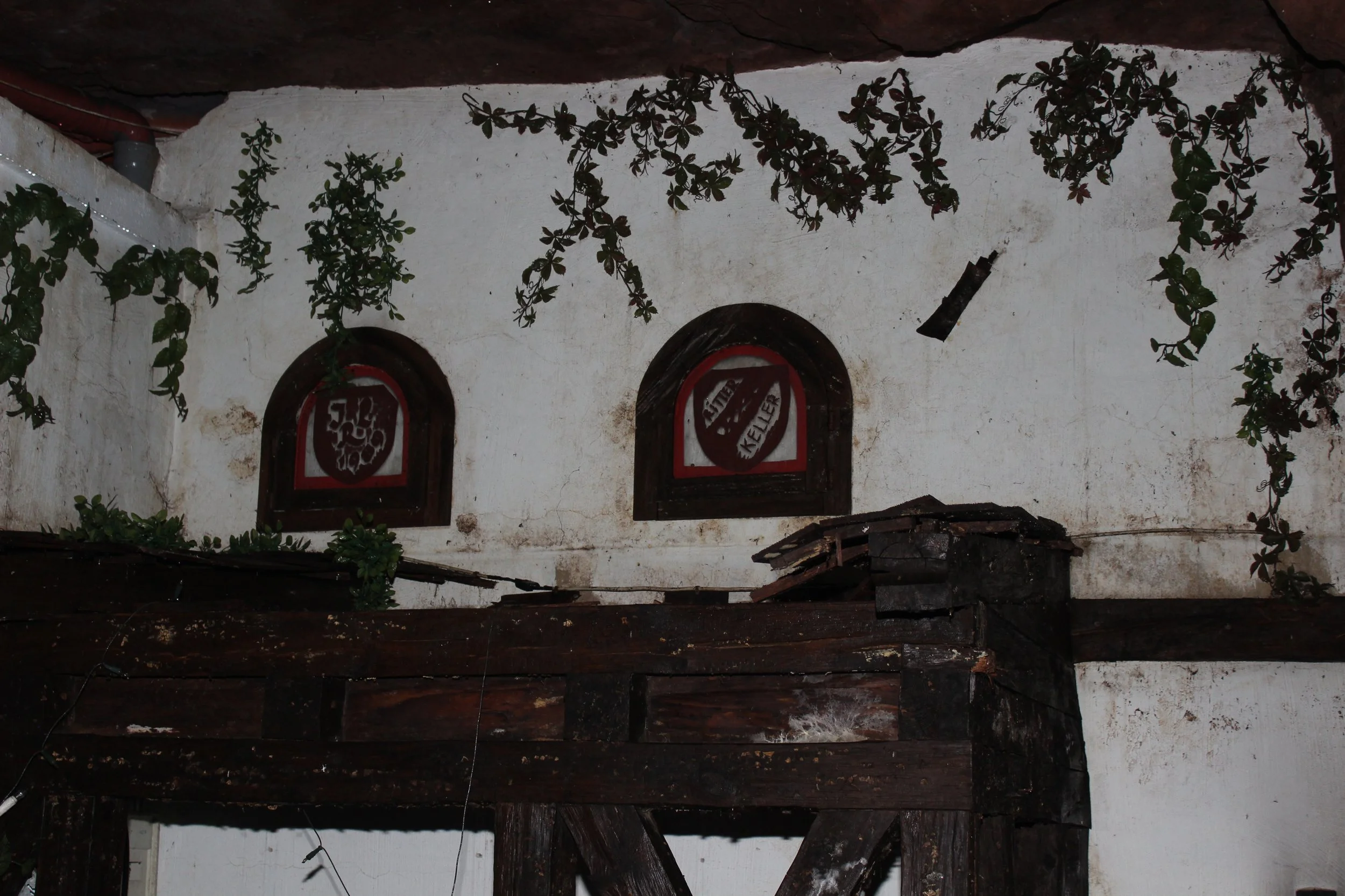 Alte Fenster mit roten Rahmen und Eintracht Frankfurt Wappen, umgeben von grünen Kletterpflanzen an einer weißen Wand.