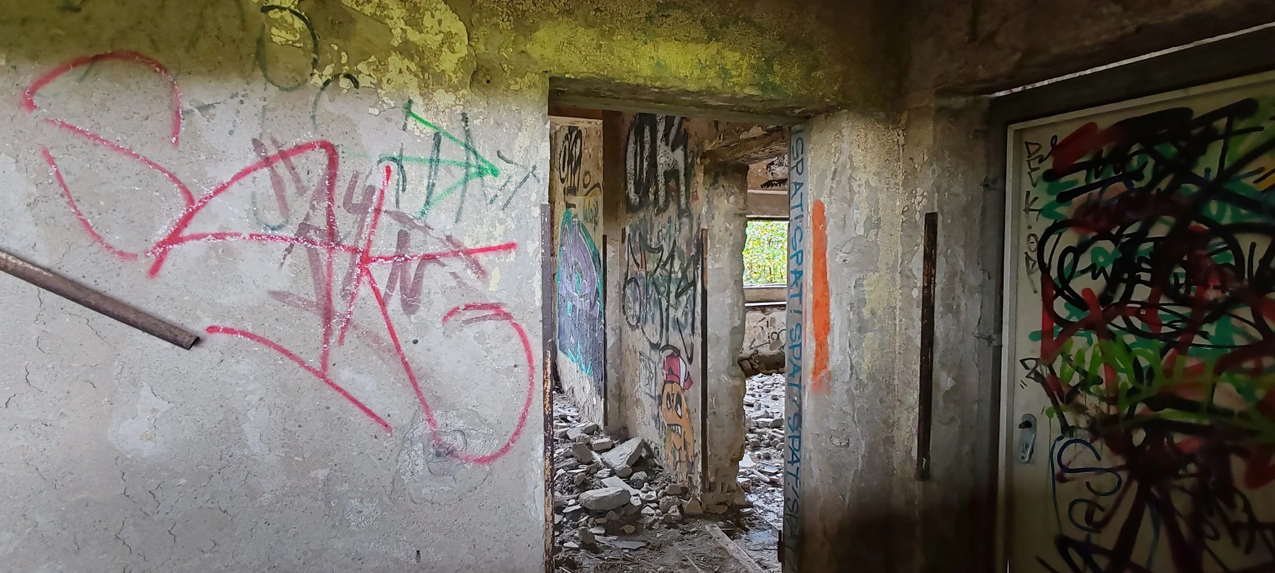 Ein verfallenes Gebäude mit graffiti beschrifteten Wänden und zerbrochenem Boden, Blick durch eine offene Tür in einen Raum mit zerbröckeltem Mauerwerk und vertrockneten Pflanzen im Eingang.