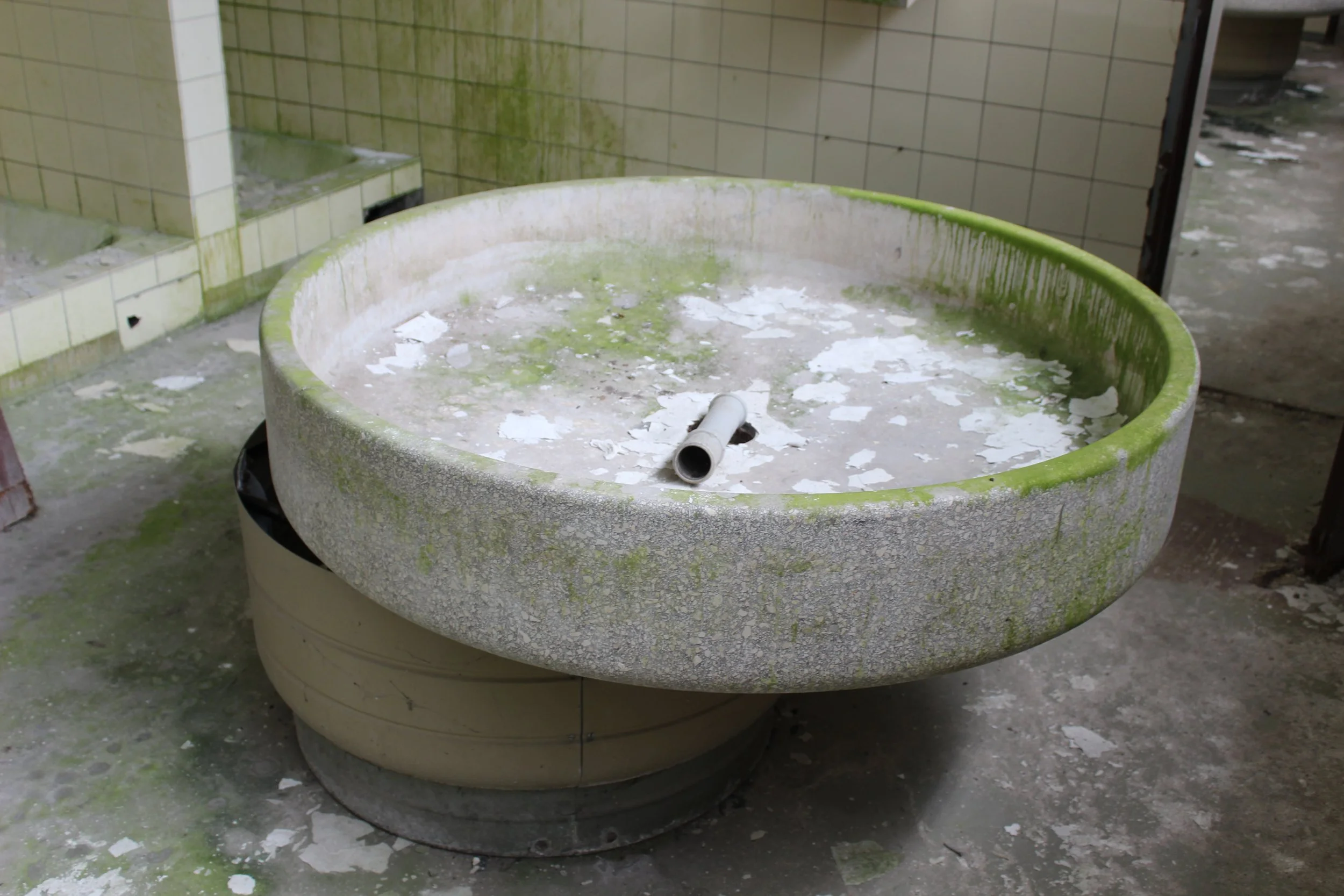 Ein verlassener, verwitterter Waschtisch in einem schlechten Zustand, bedeckt mit grüner Alge und Schmutz, in einer verfallenen Umgebung.