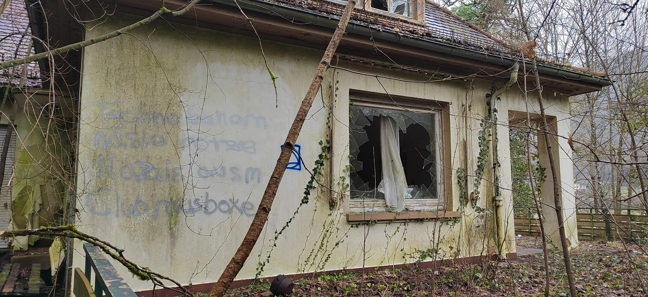 Verfallenes Haus mit zerbrochenem Fenster, Graue Wand mit Graffiti, umgeben von braunen Ästen und einem verwilderten Garten.