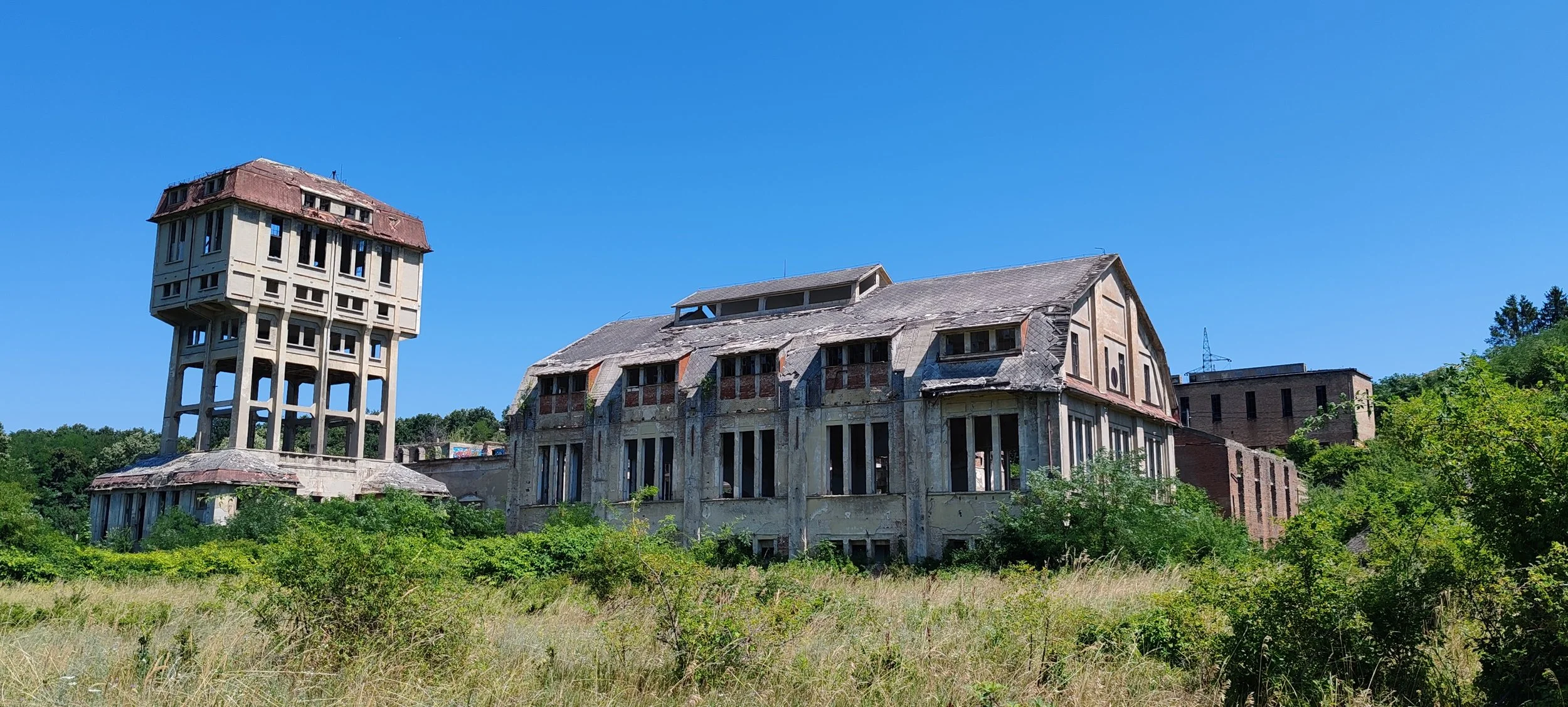 Verlassene, verfallene Gebäude mit einer Wasserfuntur auf dem Schlossberg, umgeben von Gras und Büschen, bei sonnigem Himmel.