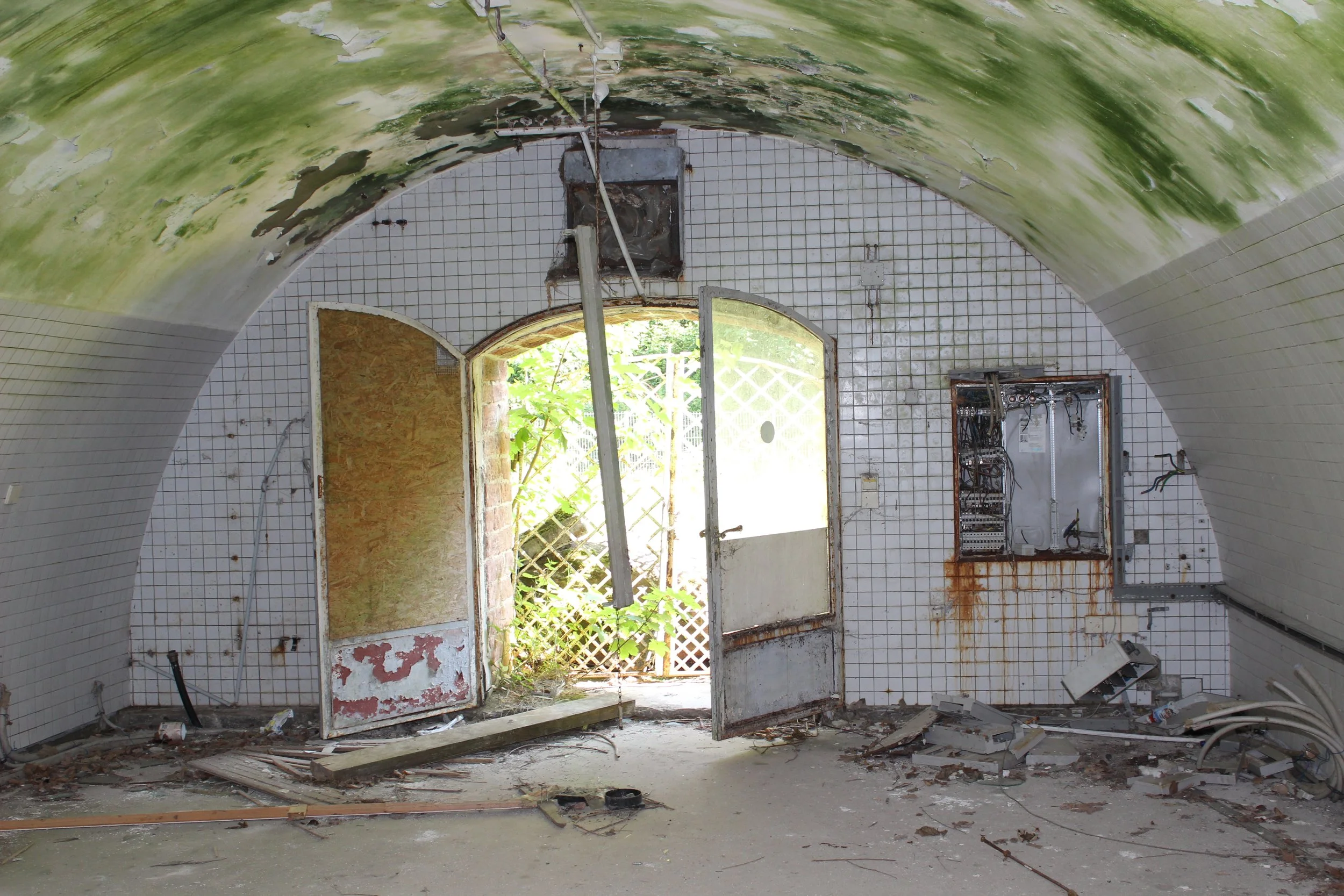 Verlassene, beschädigte Inneneinrichtung mit offenem Tür und zerfallener Wand im Hintergrund, verwilderte Natur durch die Tür sichtbar
