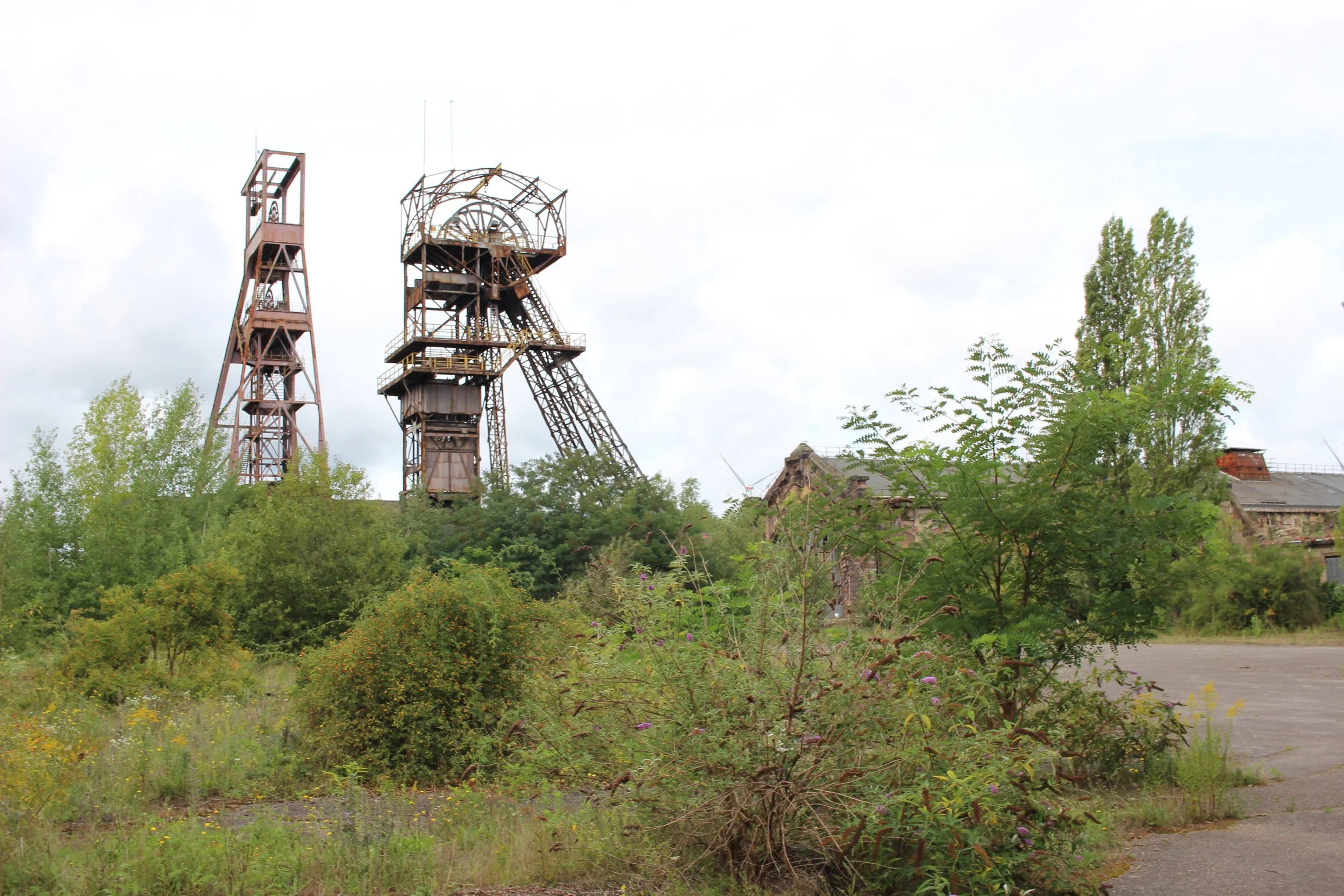 Verrostete, verlassene Minenrampe und Gebäude umgeben von wild wuchernder Vegetation in einem vernachlässigten Gelände.