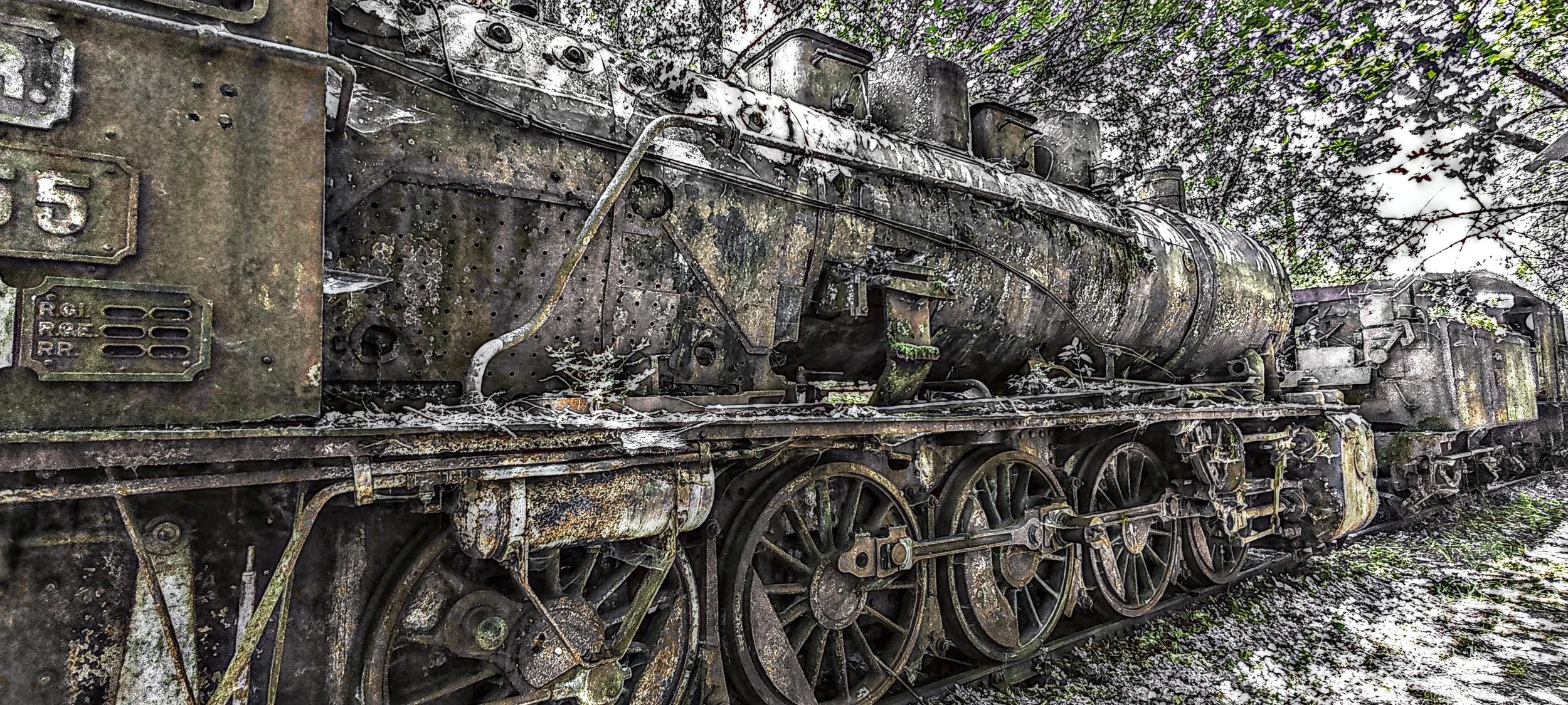Ein alter, verrosteter Dampflokomotive im Freien, umgeben von Bäumen und Vegetation im Hintergrund.