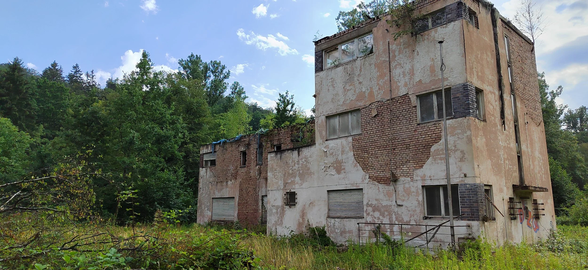 Verfallenes, dreistöckiges Gebäude mit abblätternder Fassade und zerbrochenen Fenstern, umgeben von wildem Gras und Bäumen, bei bewölktem Himmel.