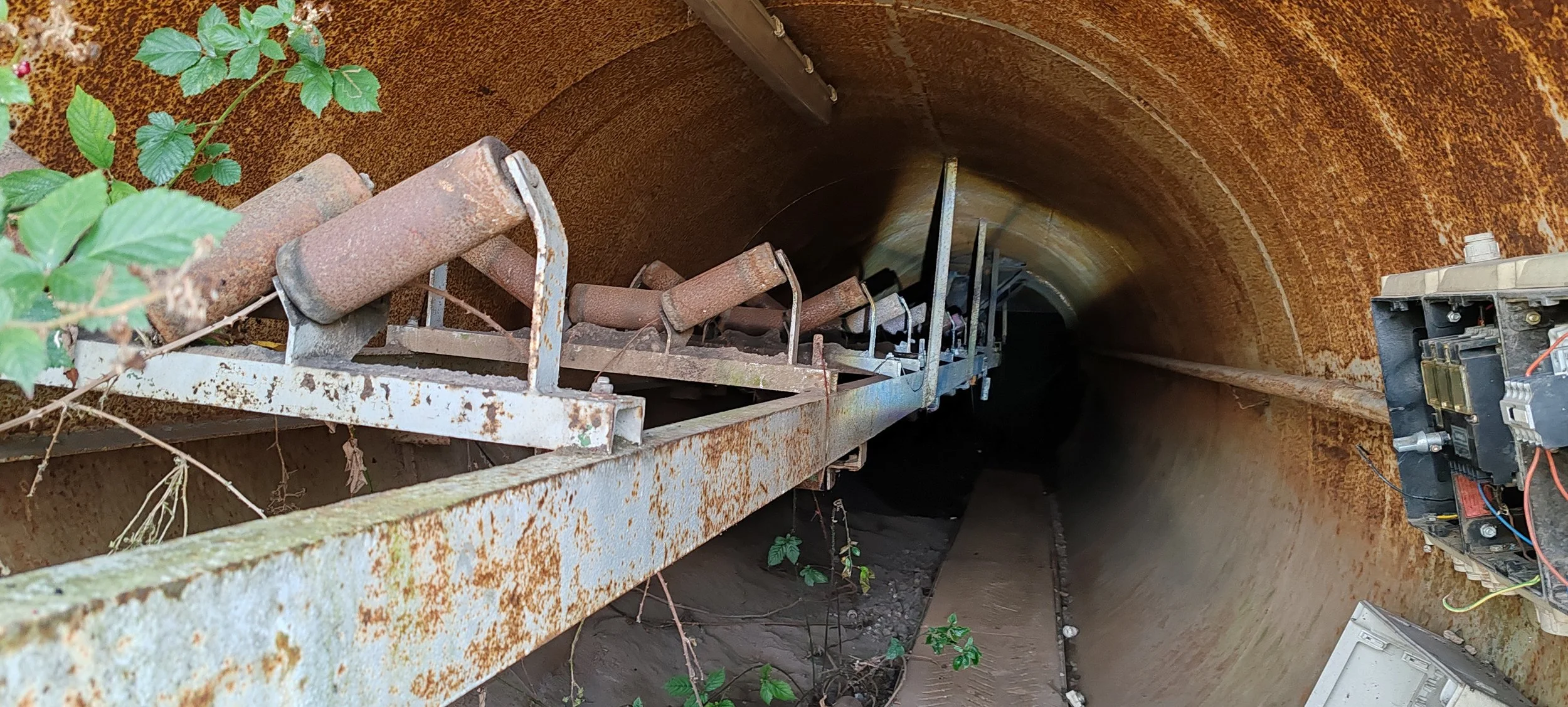 Blick in einen verrosteten Tunnel, mit veralteter technischer Ausrüstung und Pflanzen, die am Boden wachsen.