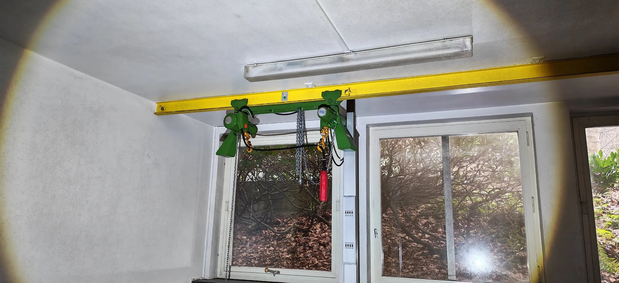 Ein grünes Krafttraining-Gerät ist montiert an einer weißen Wand vor einem Fenster mit Sicht auf eine bewaldete Umgebung. Das Gerät befindet sich in einem Raum mit weißer Decke und Fenster.