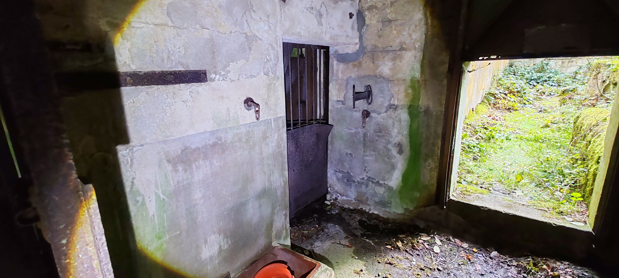 Alte, verlassene Innenansicht eines Betonraums mit einem Metallgitterfenster und einem Ausgang nach draußen, durch den grün bewaldete Umgebung sichtbar ist.