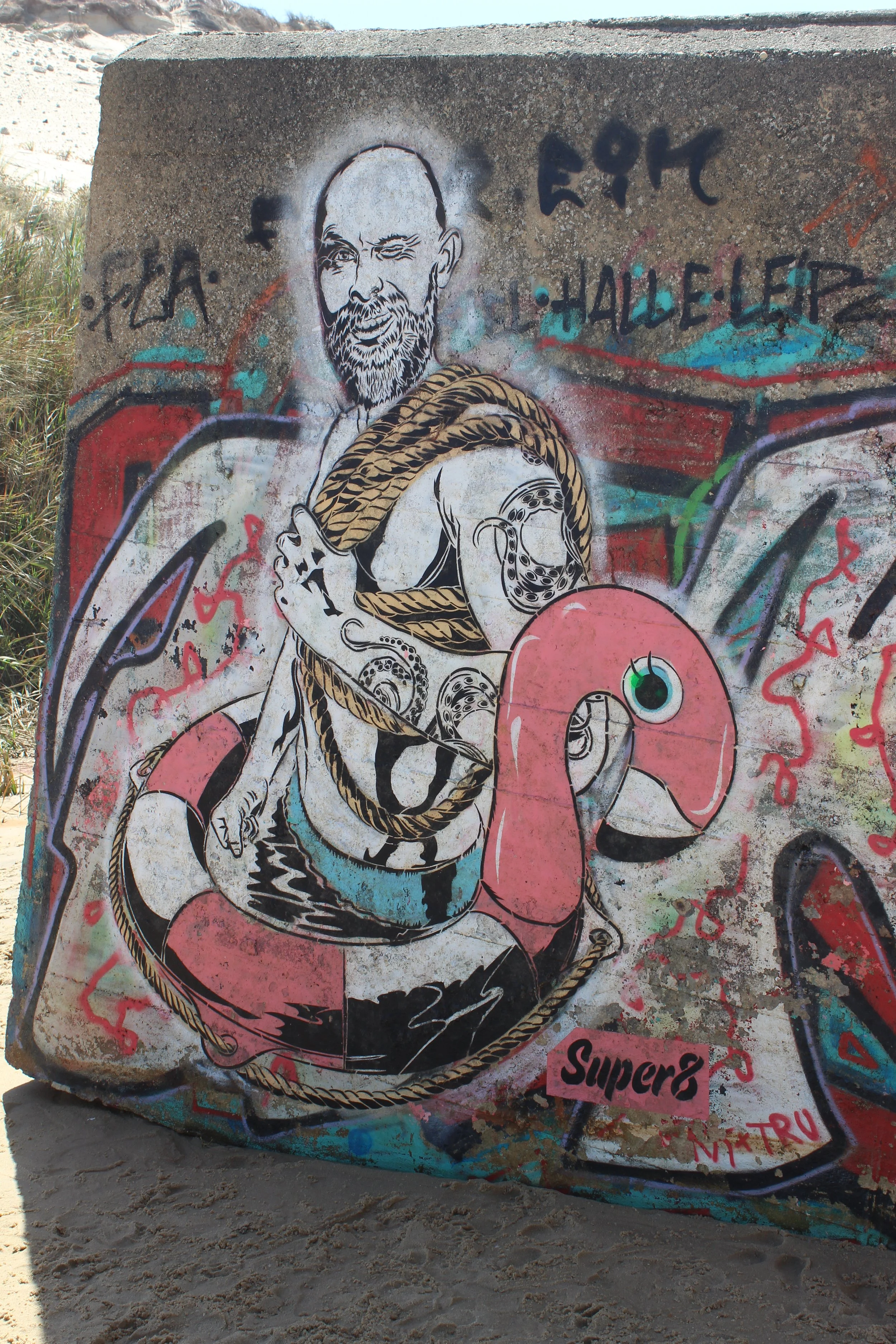 Graffiti auf einer Betonmauer, das eine witzige Mischung aus einem männlichen Porträt, einer tätowierten Mutter mit einem Kabel, einem pinken Flamingo und verschiedenen bunten Elementen zeigt