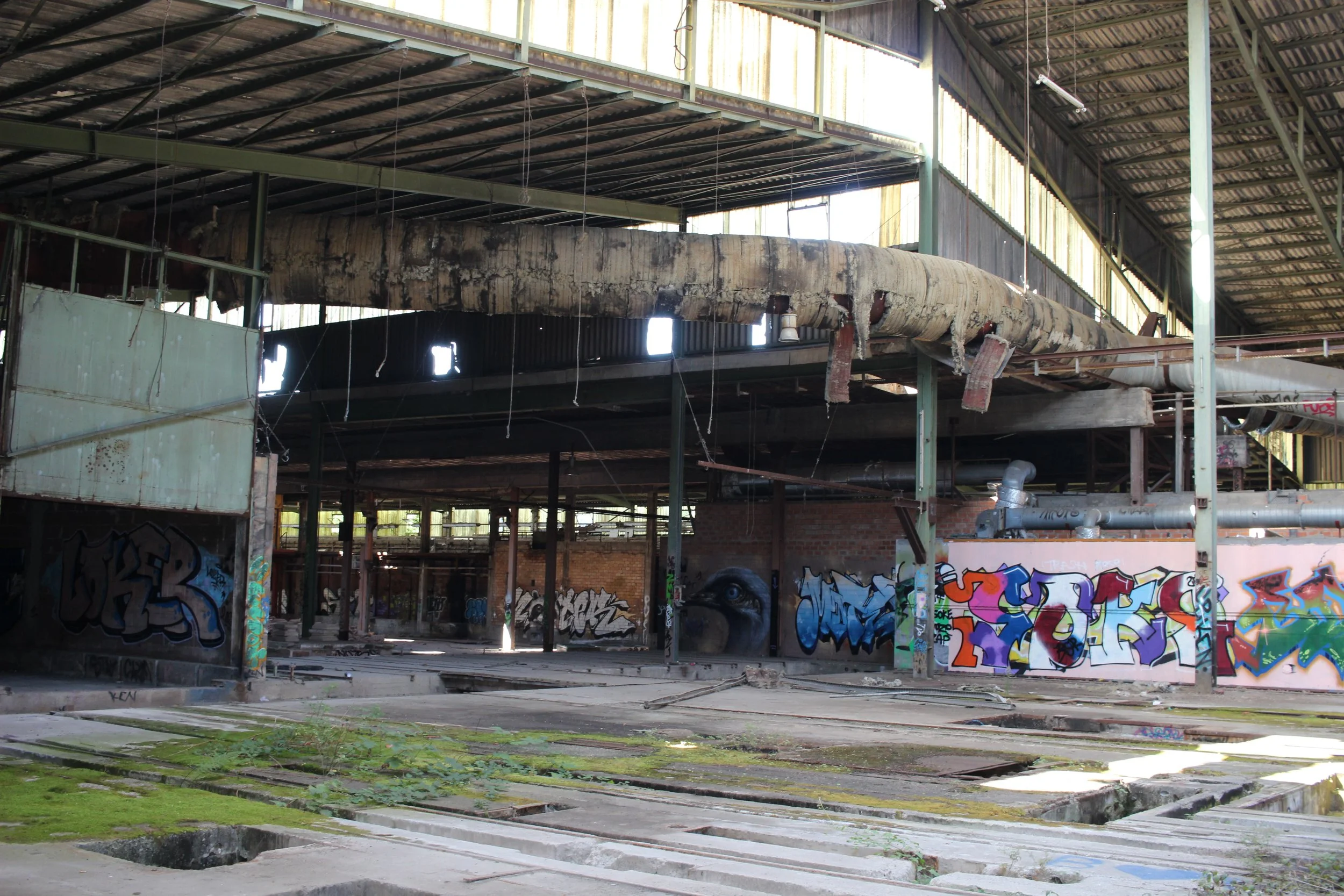 Verlassene, graffiti-verseuchte Industriehalle mit verrosteten Rohren und kaputtem Dach, überwuchert mit Moos und Pflanzen.