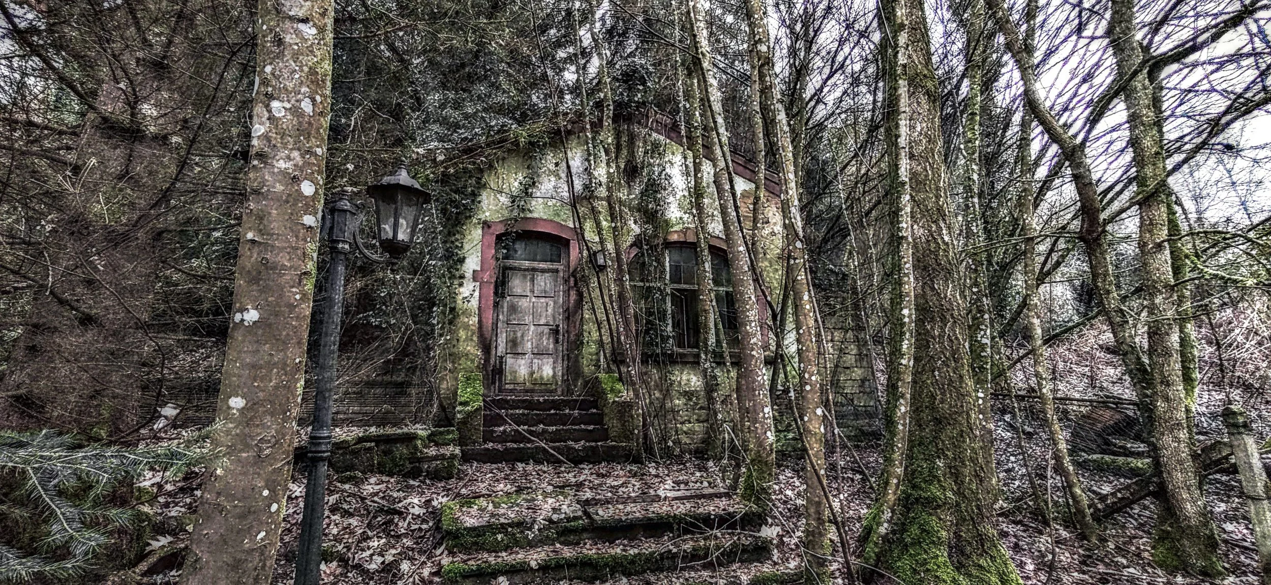 Verfallenes, in einem Wald verstecktes Haus mit einer alten Tür und fenstern, umgeben von Bäumen und moosbedeckten Steinen.