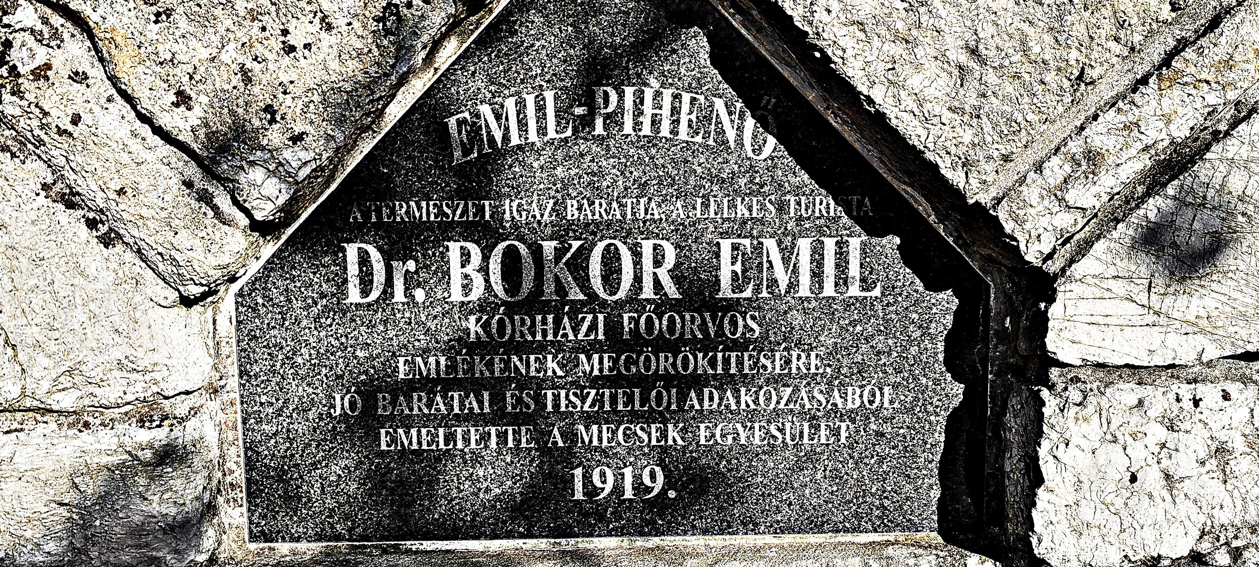 Gedenktafel aus schwarzem Marmor mit weißer Schrift, an eine Mauer aus großen, unregelmäßig geformten Steinen. Die Tafel ehrt Dr. Bokor Emil, einen Arzt, der 1919 verstorben ist, im Kontext eines Natur- und Tourismusortes.