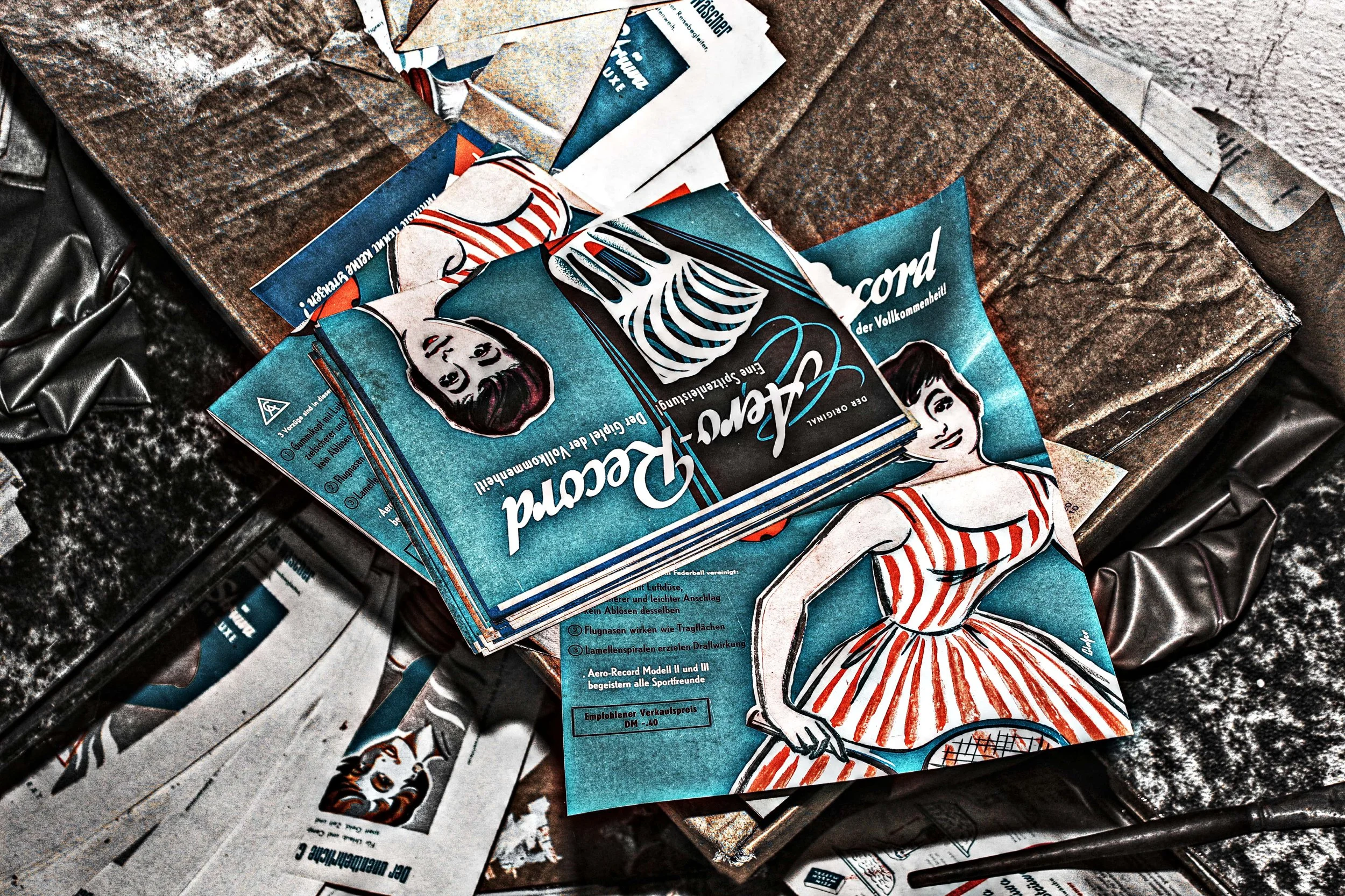 Zerknitterte Werbematerialien und Zeitschriften auf einem Tisch, inklusive einer Zeitschrift mit einer Zeichenmode.