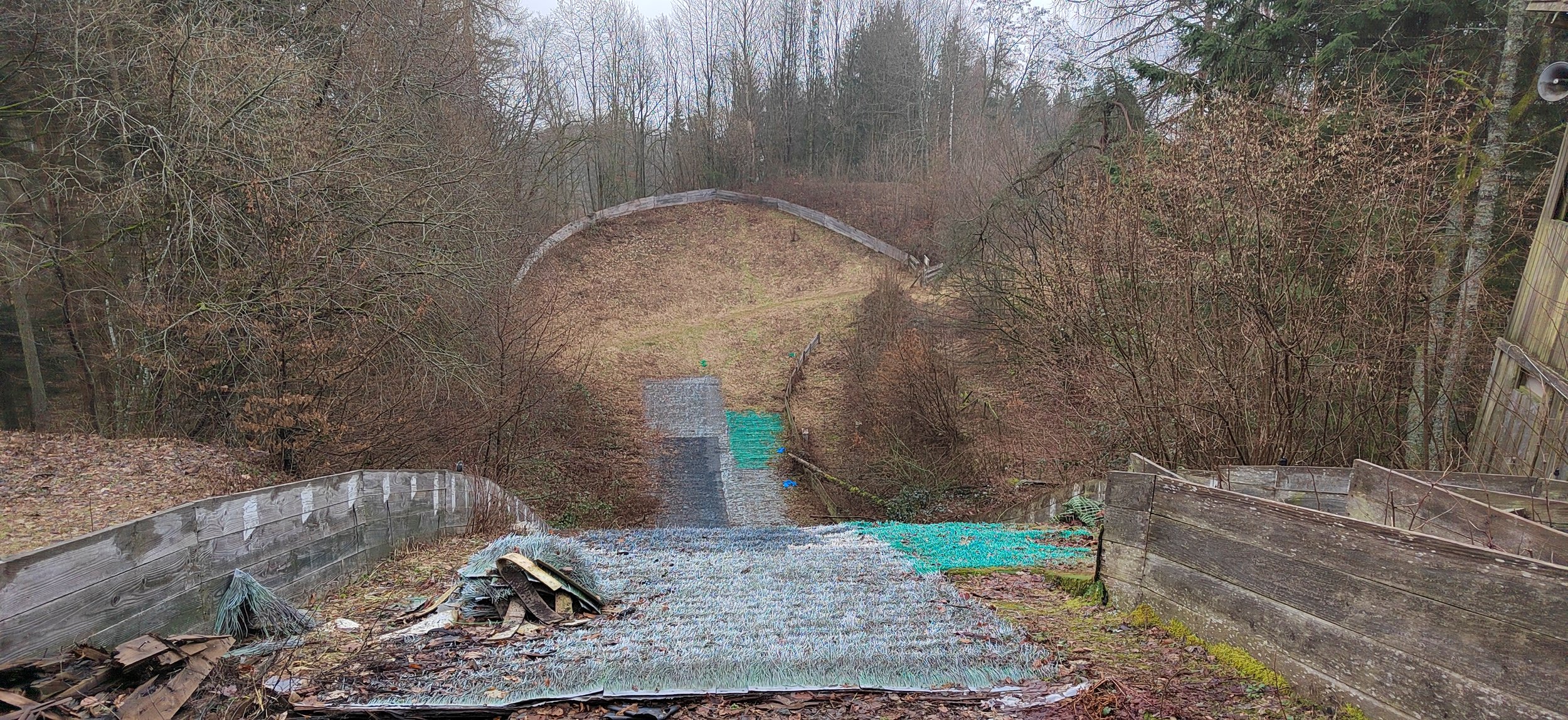 Verrosteter, gebrochener aufgeständerte Holzbrücke in einem Winterwald, im Hintergrund ein Hang mit Bäumen ohne Blätter.