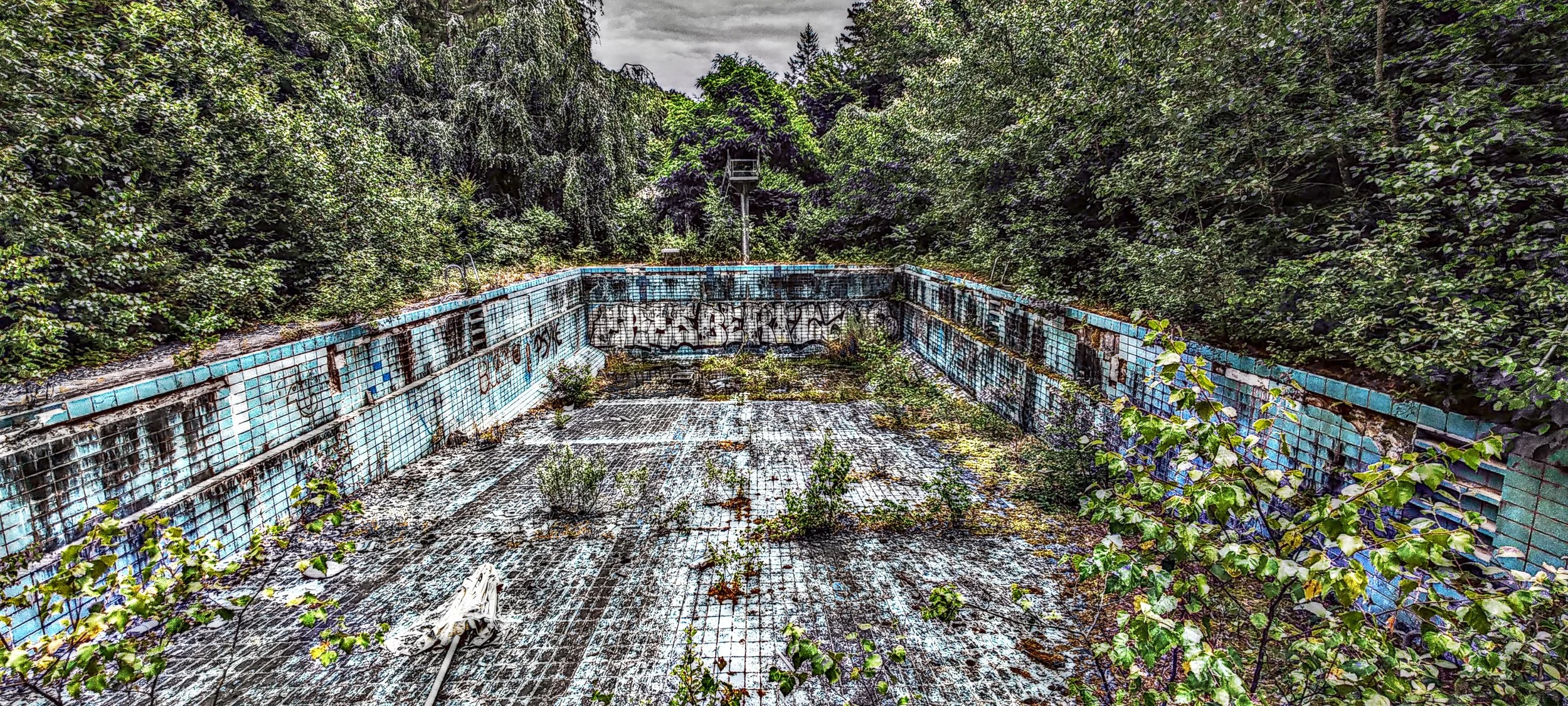 Verlassenes, verfallenes Schwimmbad mit verrosteten blauen Fliesen und überwucherten Pflanzen, umgeben von Bäumen.