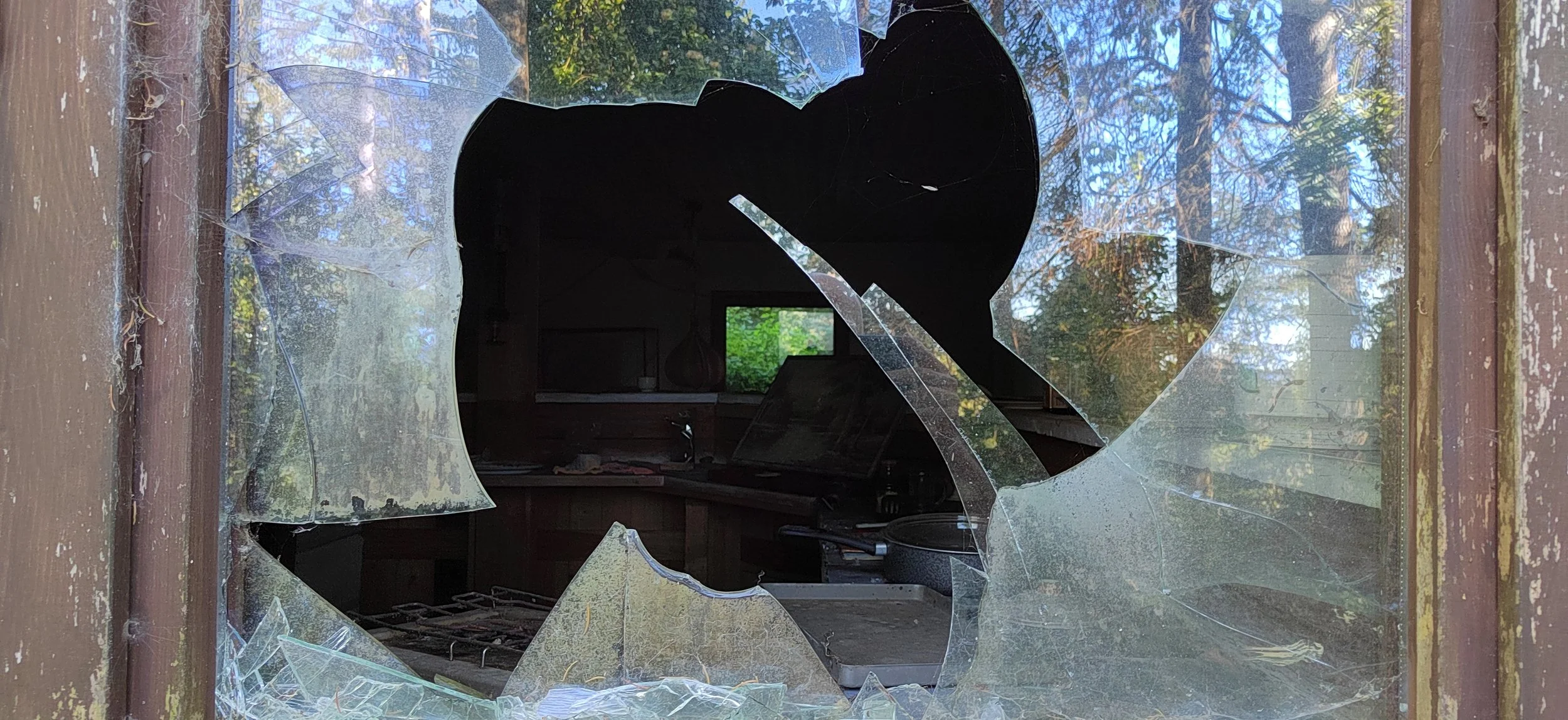 Ein zerbrochenes Fenster mit einem großen Loch in der Mitte im Inneren eines Hauses, das nach draußen auf Bäume und Himmel blickt.