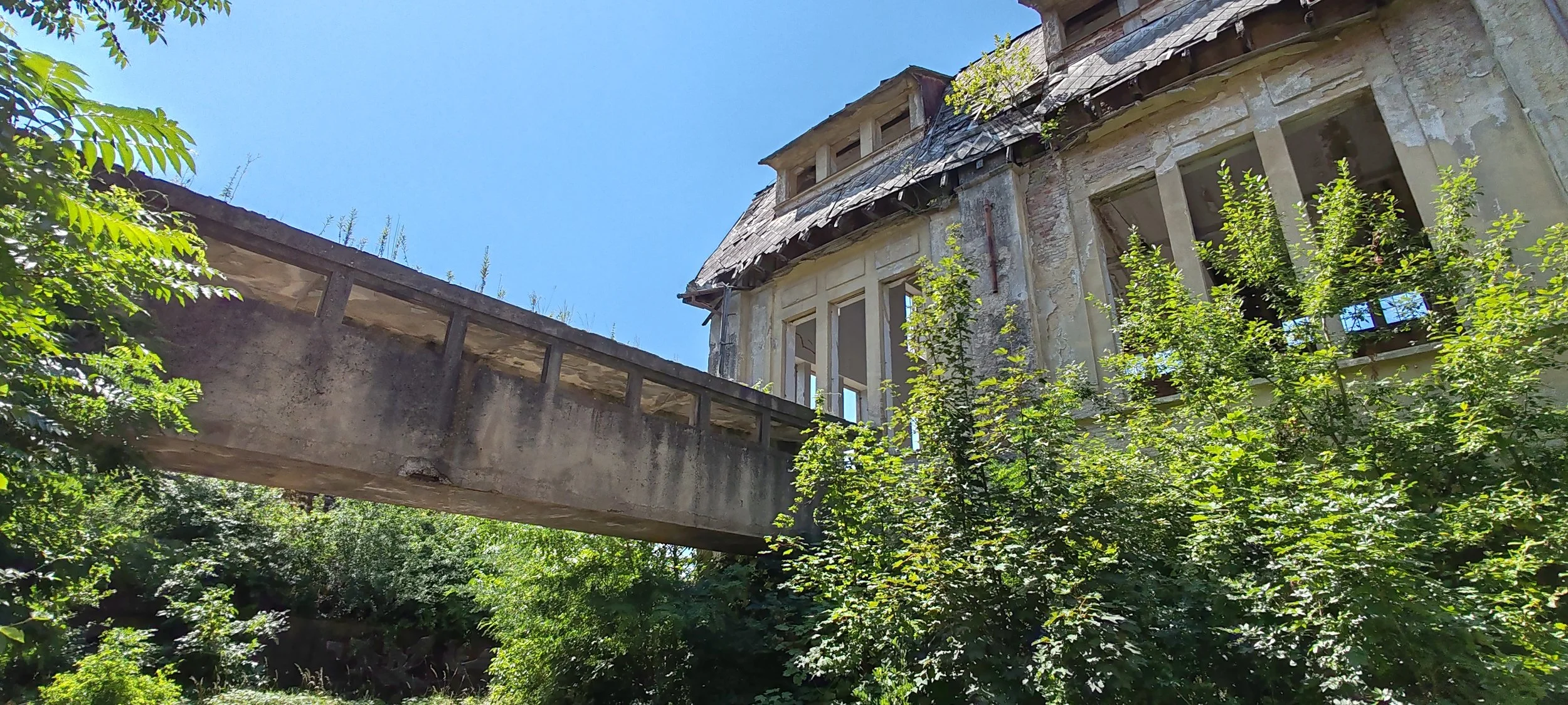 Verfallene, verlassene Villa mit einem hohen, verfallenen Dach, umgeben von grünen Bäumen und Sträuchern, unter klarem blauen Himmel.