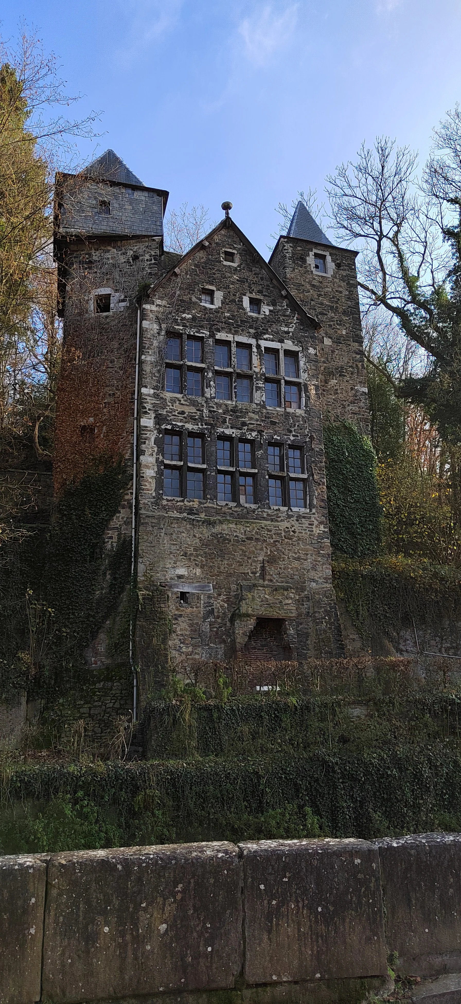 Historisches Steinhaus mit gotischer Architektur und mehreren Türmen, umgeben von Bäumen, Blick nach oben gegen blauen Himmel.