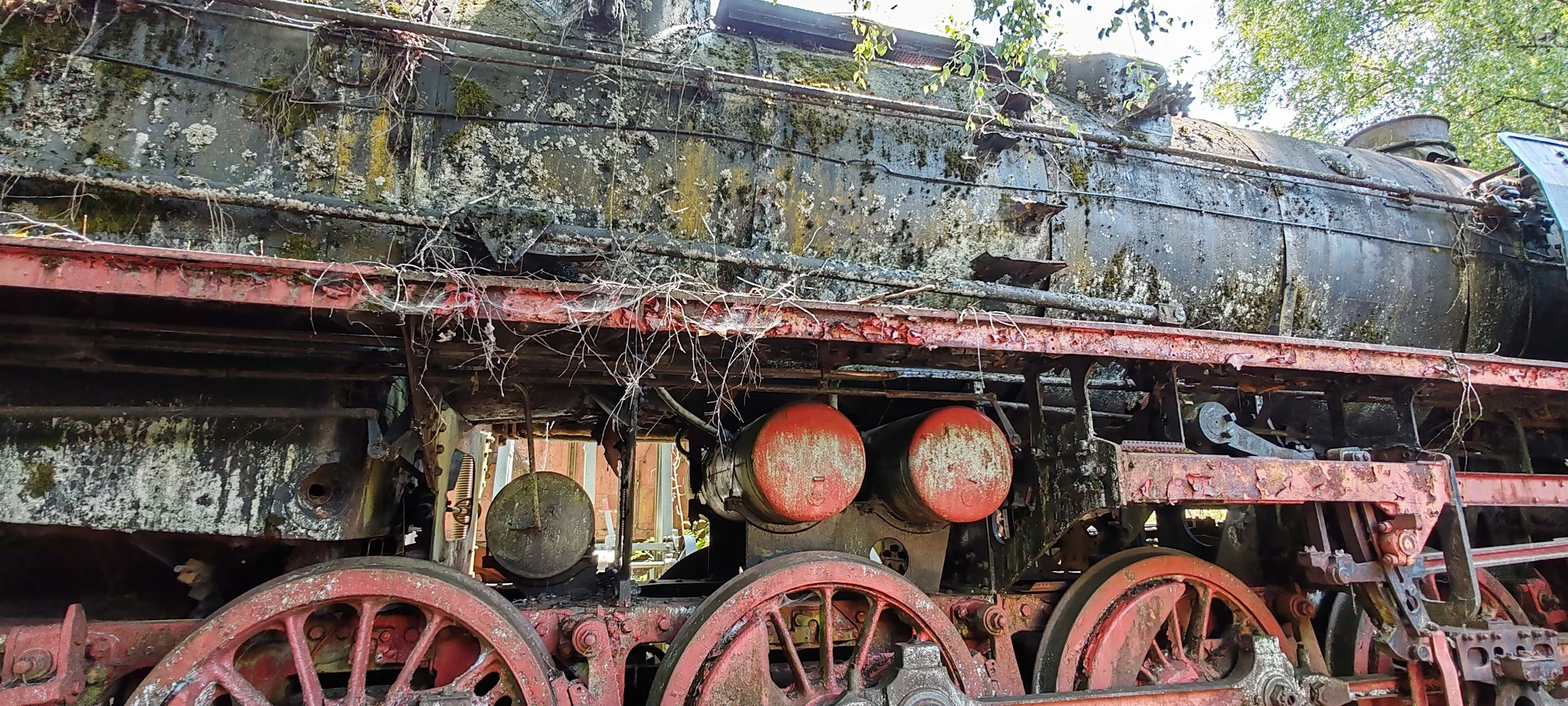 Ein alter, verrosteter und verfallener Dampflokomotiv-Körper im Freien, überwuchert mit Moos und Pflanzen, mit sichtbaren Rädern, Zylindern und anderen mechanischen Teilen.