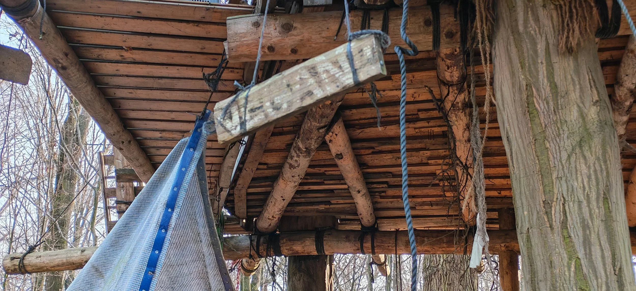 Holzplattform auf Bäumen mit Seil und einer Plane, die an einem Baum befestigt ist.