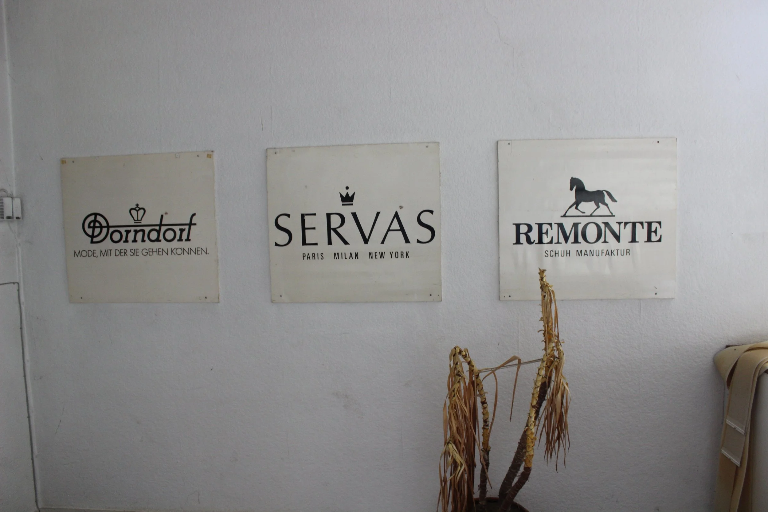 Drei weiße Schilder mit schwarzen Logos und Texten, eine trockene Pflanze vor den Schildern, weiße Wand im Hintergrund.