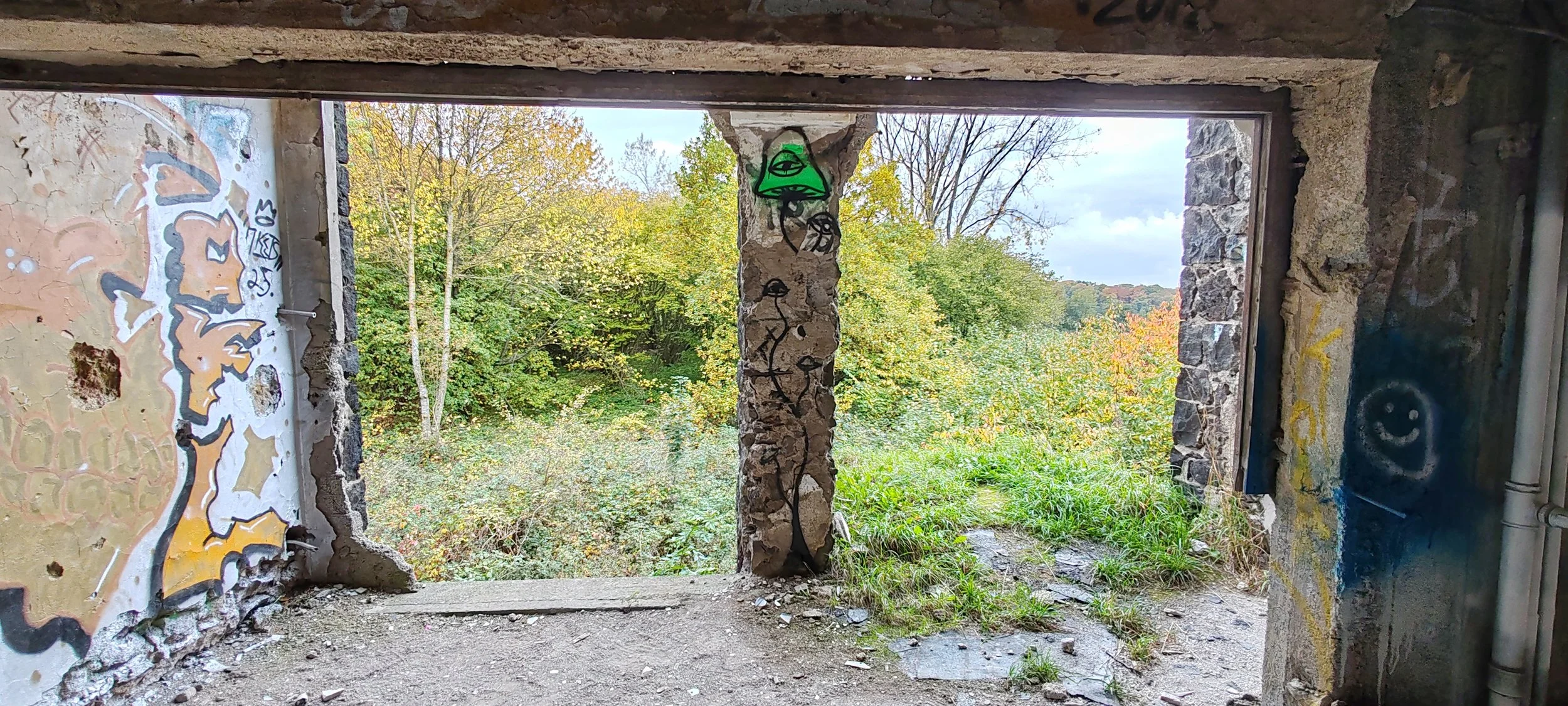Blick durch eine unvollständige Ruinenwand auf einen bewaldeten Hügel mit grünen Bäumen im Herbst. An den Wänden sind Graffiti zu sehen, darunter ein lachendes Smiley auf der rechten Seite und mehrere schwarze und grüne Graffiti auf der Mittelsäule.