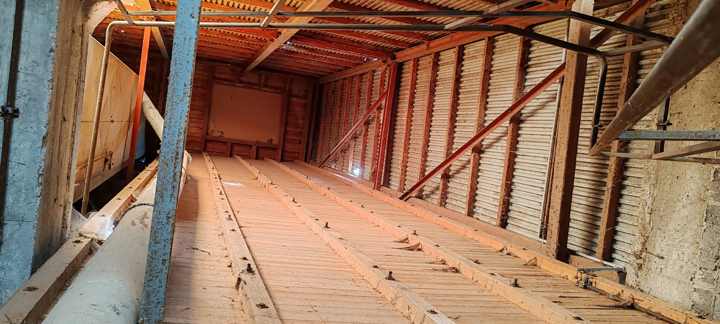 Innenansicht eines Rohbaus, Dachkonstruktion mit Holzständern und Dachbalken, Baugerüst im Vordergrund.