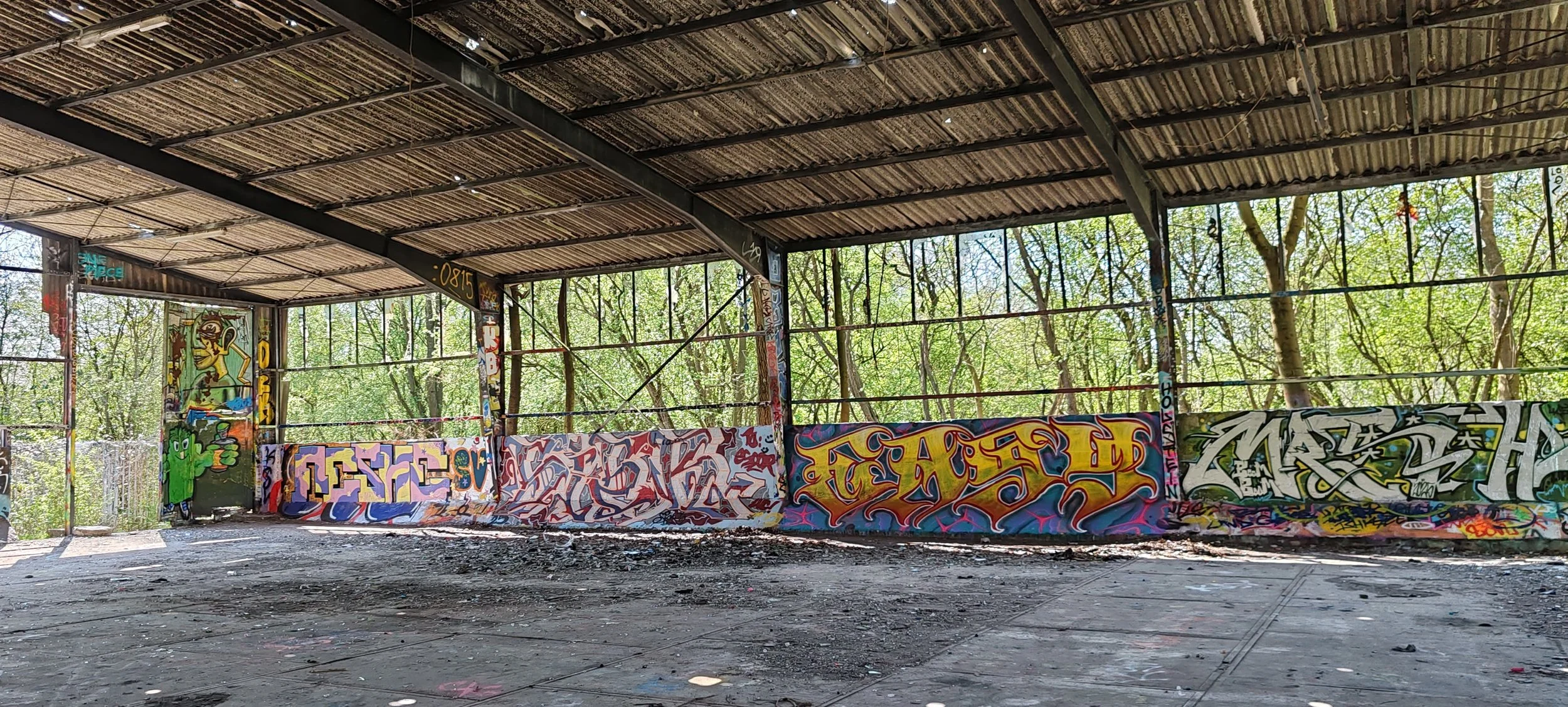 Verlassene, graffiti-bedeckte Holzhütte inmitten eines Grünen Waldes.