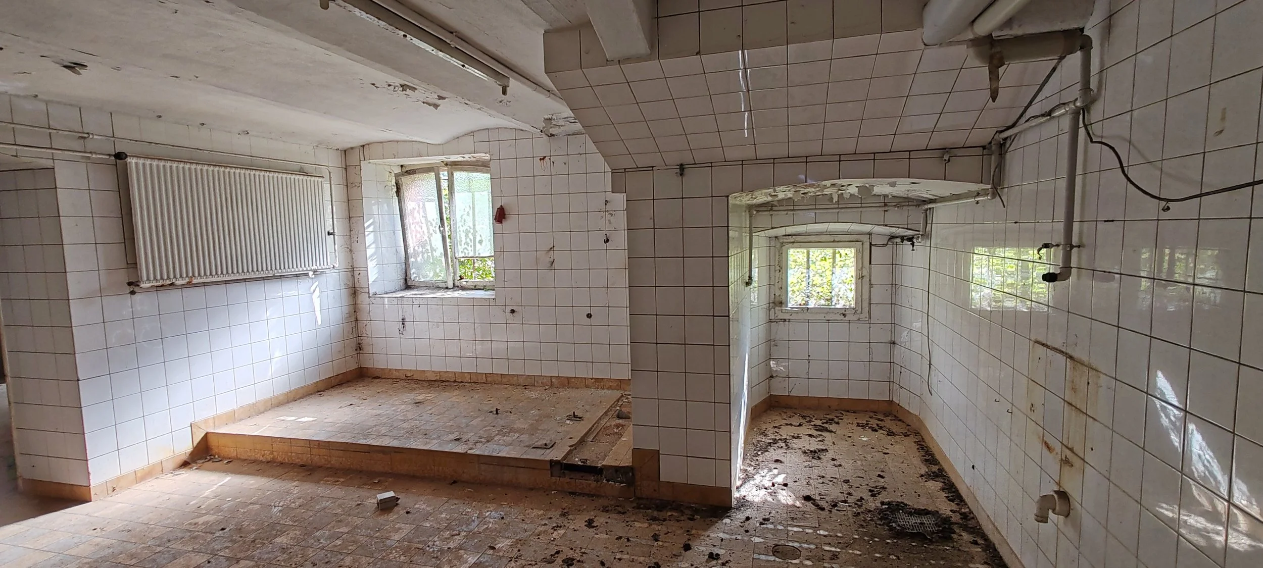 Schmutzige, verlassene und beschädigte Küche mit Fliesen an den Wänden und Fenstern, die viel Licht hereinlassen.