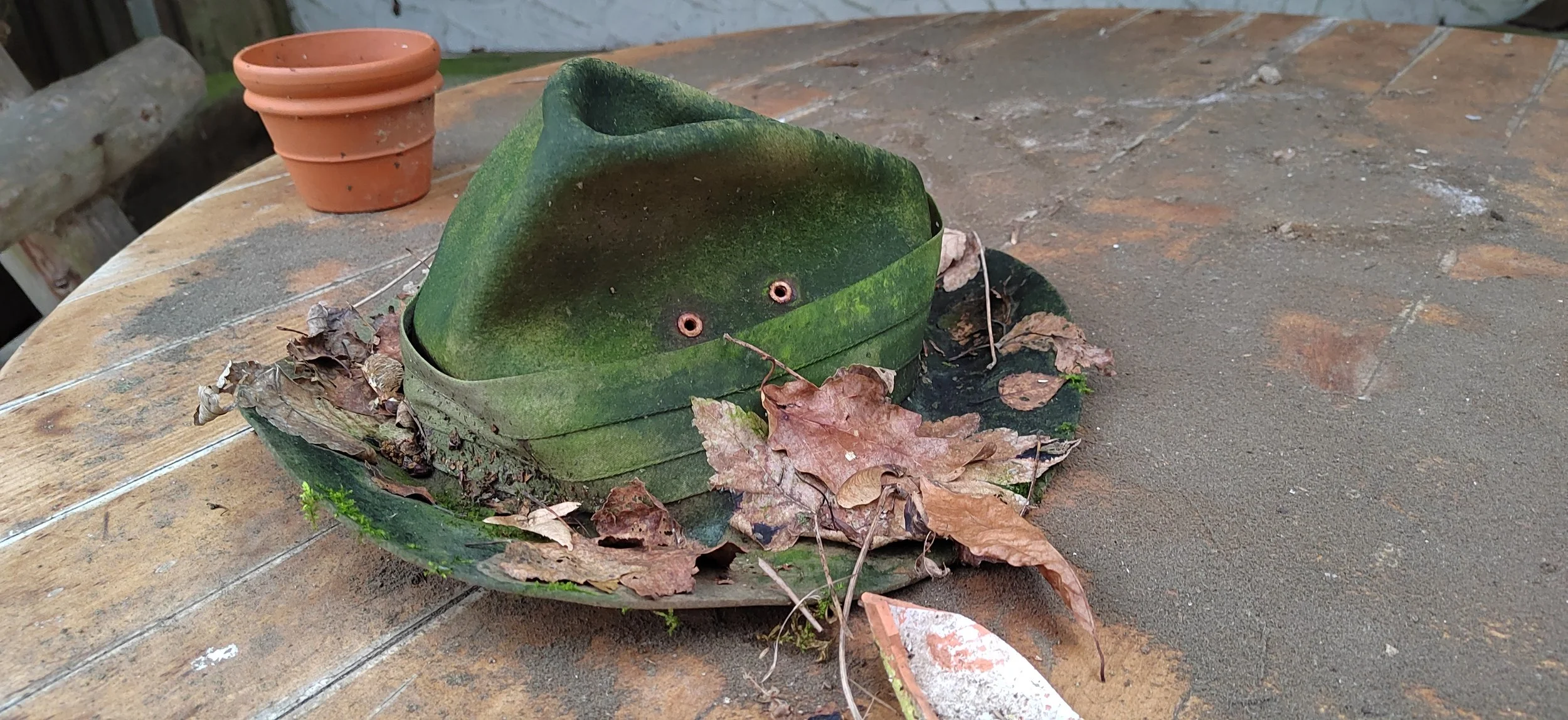Ein alter, grün verfärbter Cowboyhut liegt auf einem Tisch, umgeben von getrockneten Laubblättern und Staub, im Hintergrund ein leeres Blumentopf.