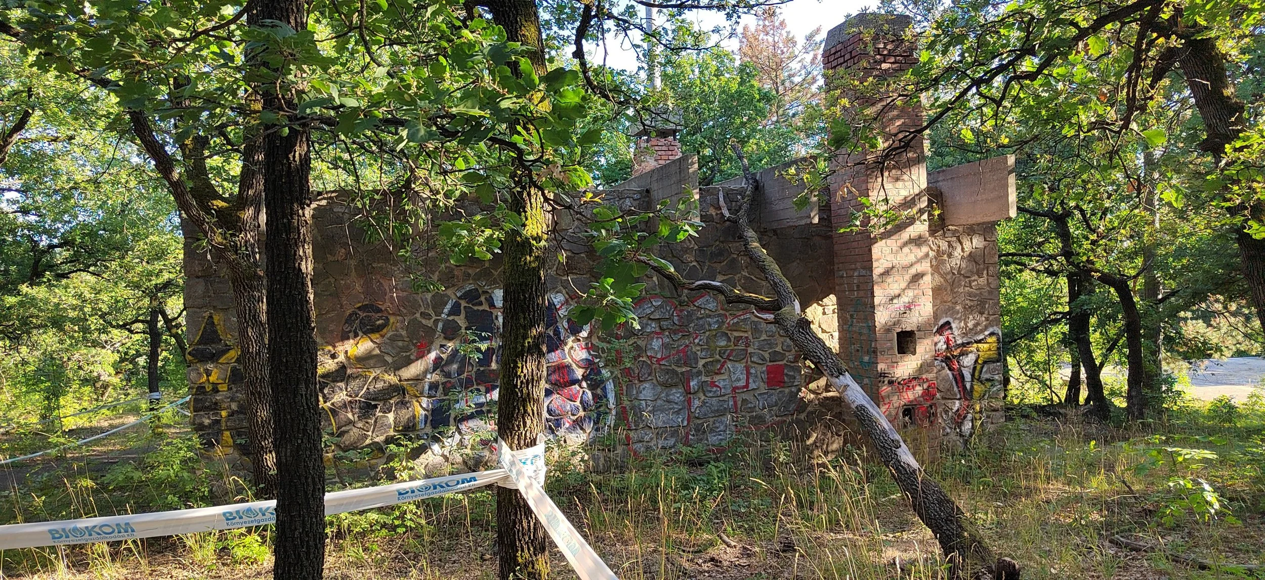 Verfallenes Haus aus Stein und Ziegeln mit Graffiti an den Wänden, umgeben von Bäumen und Sträuchern in einem bewaldeten Gebiet.