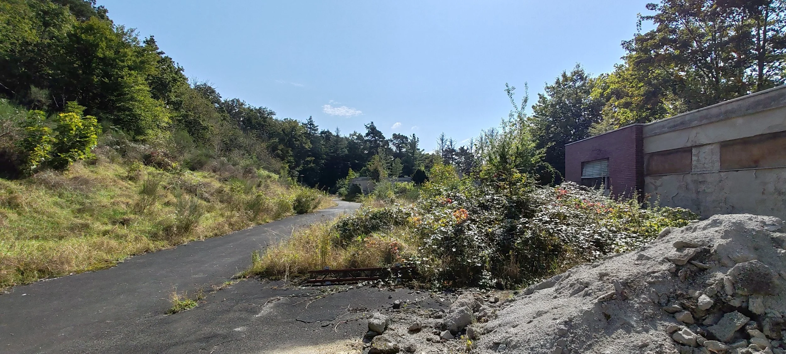 Ein schmaler asphaltierter Weg führt durch eine grüne, bewaldete Gegend. Auf der rechten Seite ist eine unvollständige Hauswand mit einem geöffneten Fenster, daneben liegen lose Steine und Geröll. Die Szenerie ist bei schönem Wetter mit klarem blauen