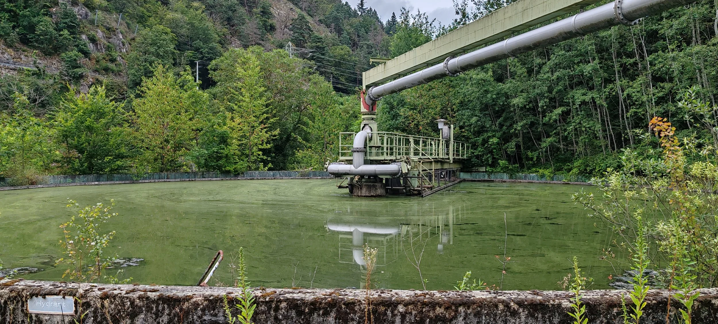 Ein industrieller Wasseraufbereitungstank mit einer grünen Oberflächenabdeckung, umgeben von Bäumen und Bergen in einer natürlichen Umgebung.
