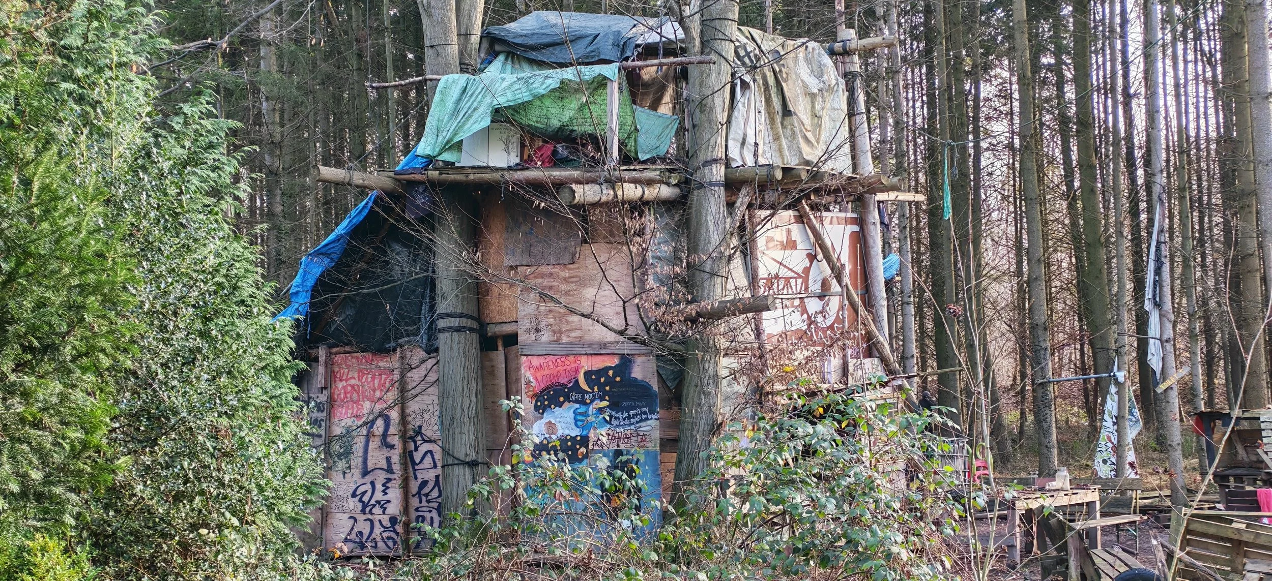 Ein improvisierter Holzrahmen in einem Wald, bedeckt mit Planen und Tüchern, hat graffitiartige Kunstwerke an einer Wand.
