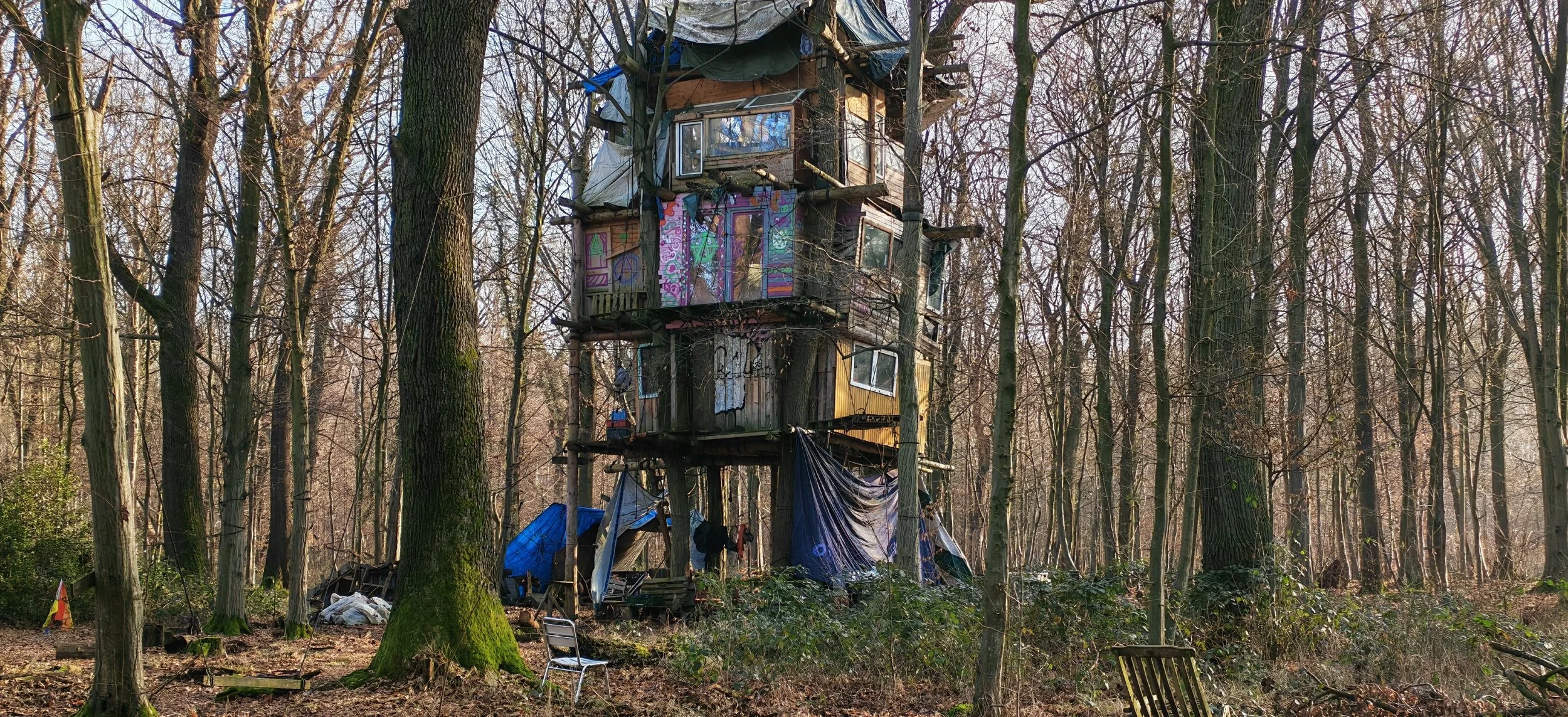Ein unkonventionelles Baumhaus im Wald, bestehend aus mehreren Etagen mit improvisiertem Holz und bunten Türen, umgeben von Bäumen und Anhäufungen von Müll und Gegenständen am Boden.