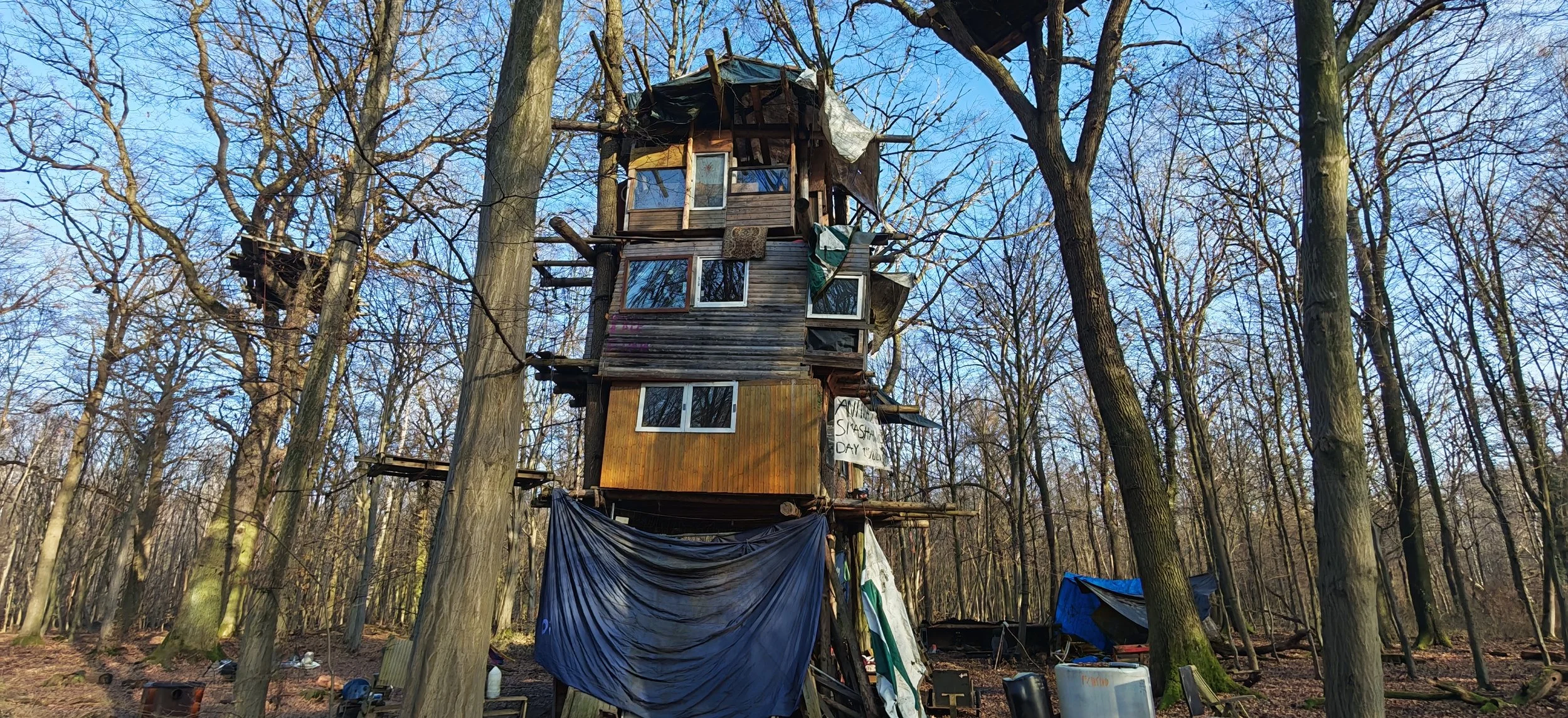 Ein provisorisches Baumhaus in einem Wald, gebaut aus Holz, Dächern aus Planen, mit mehreren Stockwerken und Fenstern, umgeben von Bäumen ohne Blätter.